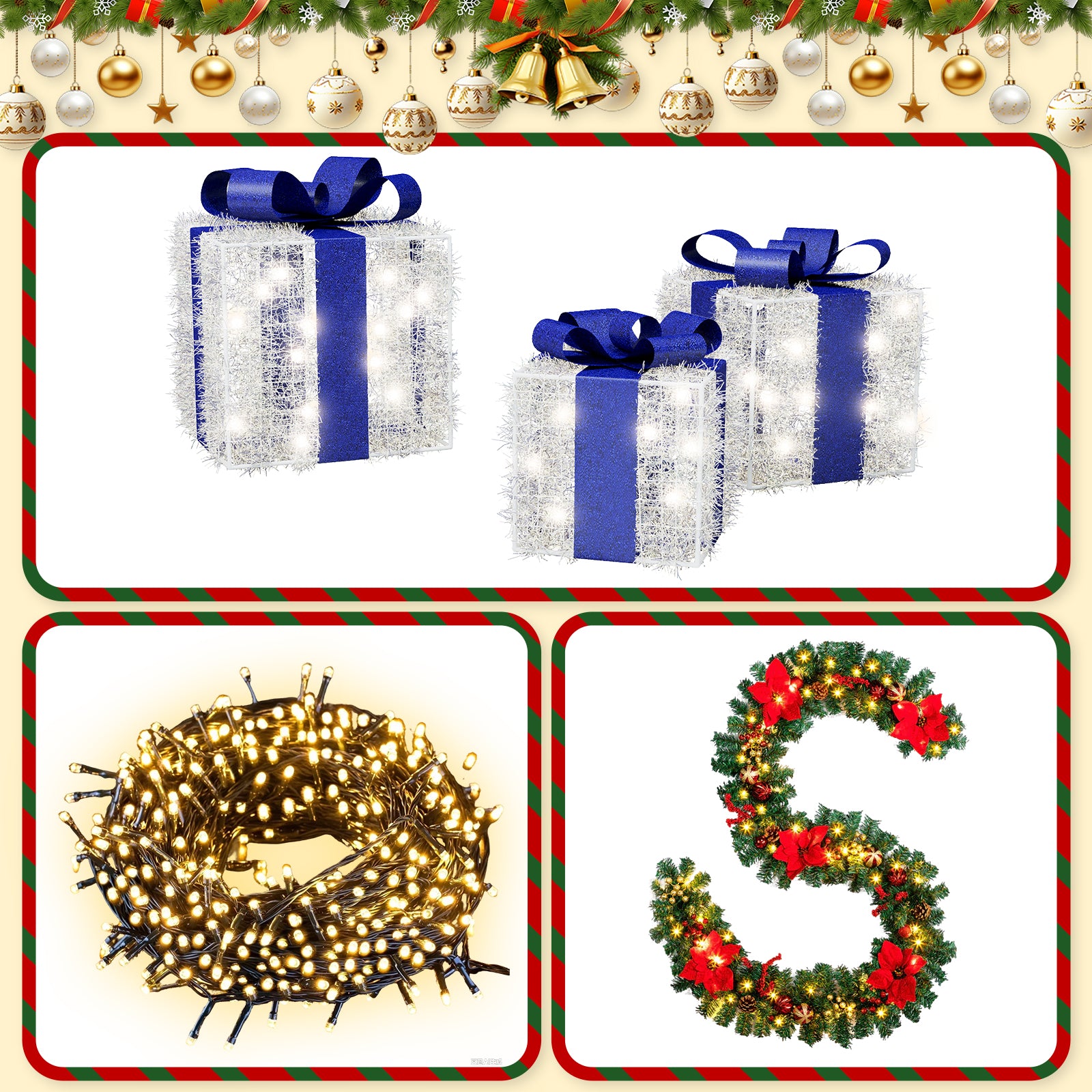 3-Piece Christmas Decoration Set – Poinsettia Garland, Blue Gift Boxes & 40M Warm White Battery String Lights (US Plug)