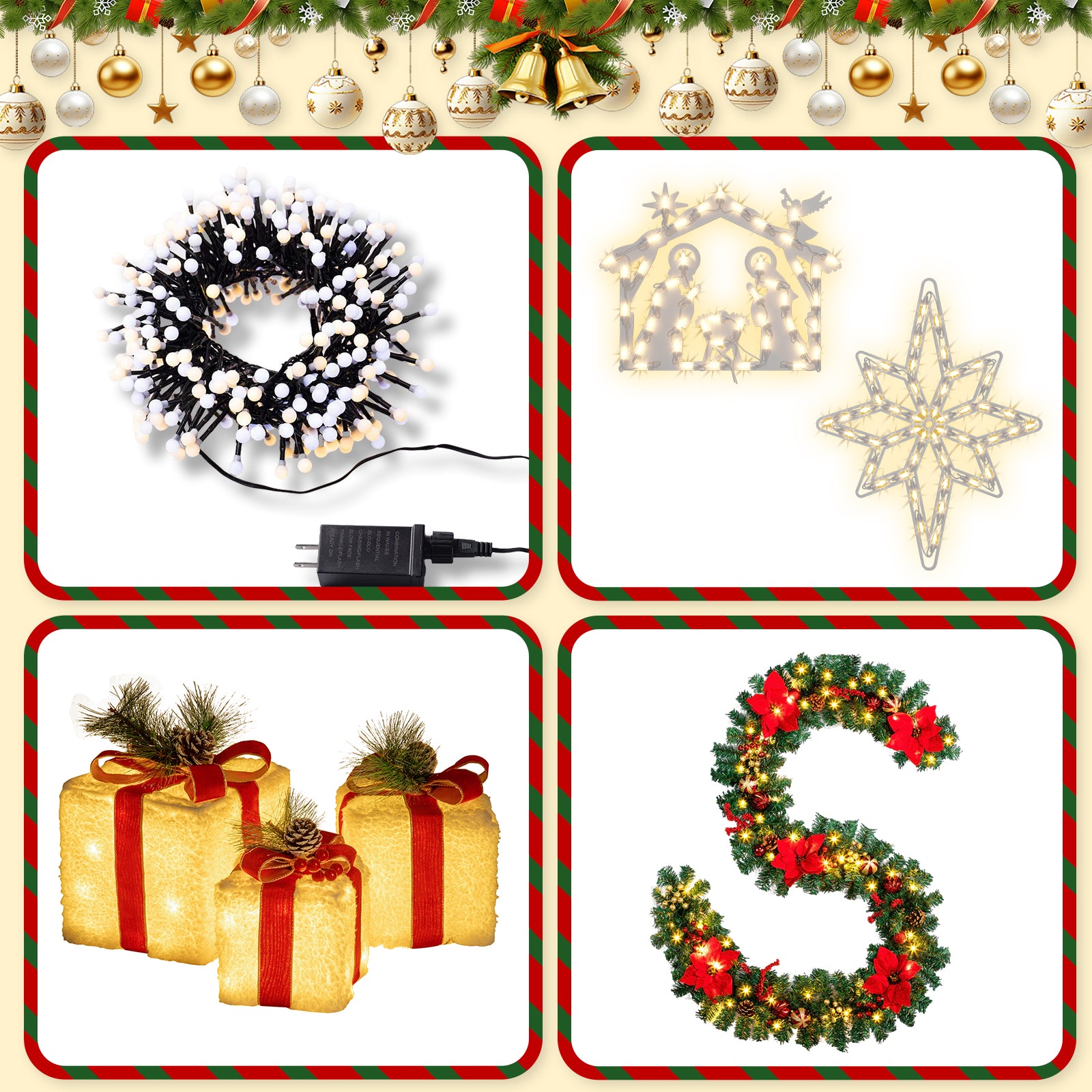 4-Piece Christmas Nativity Light Set – Jesus Nativity & Bethlehem Star Tungsten Window Light, 4M Warm White Firecracker String Light, Flocked Gift Box & Poinsettia Christmas Garland