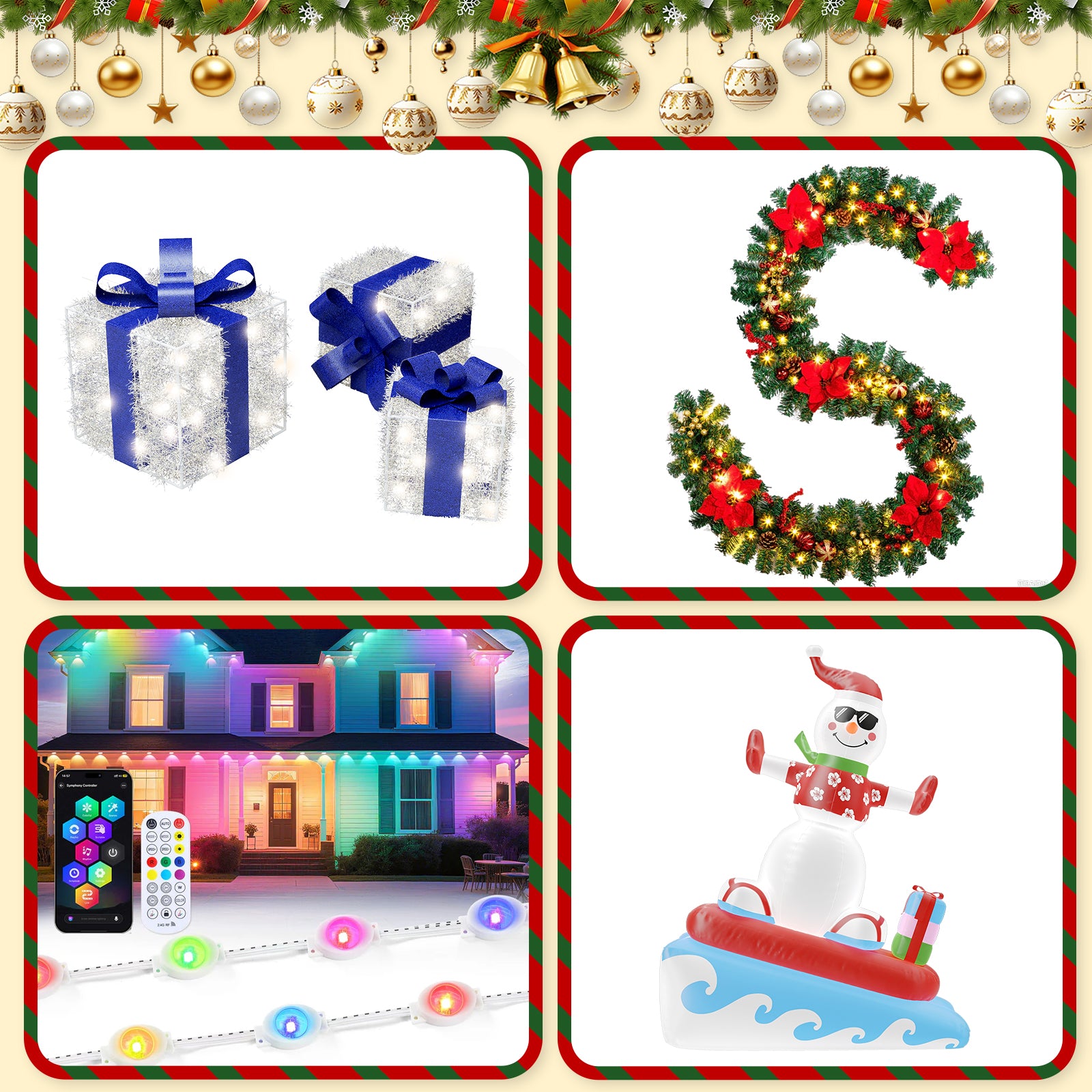 3-Piece Christmas Decoration Set – 6FT Surfing Snowman Inflatable, Blue Silver Gift Box Trio, Poinsettia Garland & 15M Multi-Color Eaves Lights (US Plug)