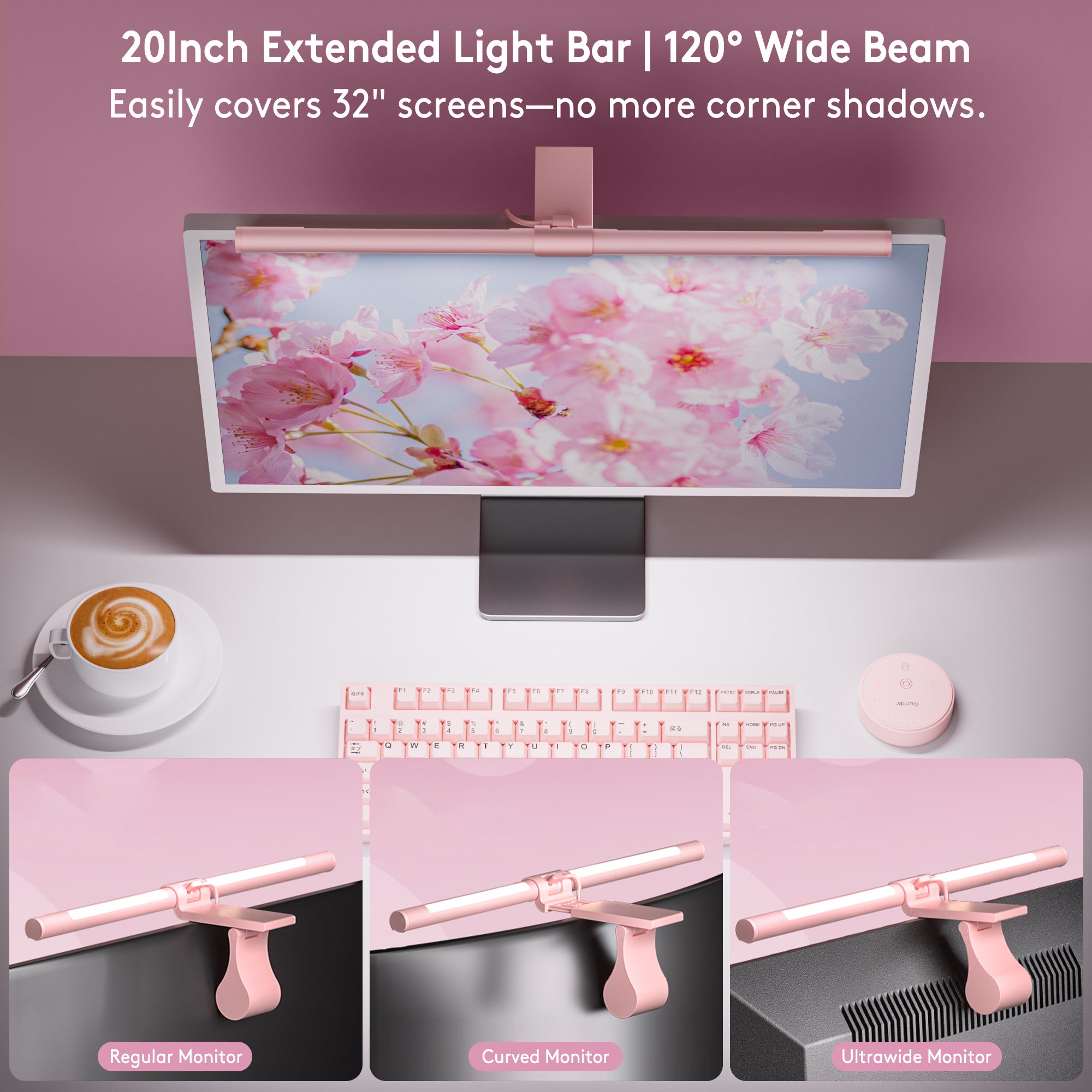 Quntis Pink LED Monitor Light Bar – Aesthetic Desk Lamp with 15 Models RGB Backlight, Eye-Care Ra95 Lighting & Wireless Remote,No Glare, Upgraded Clip for All Monitor (20Inch)