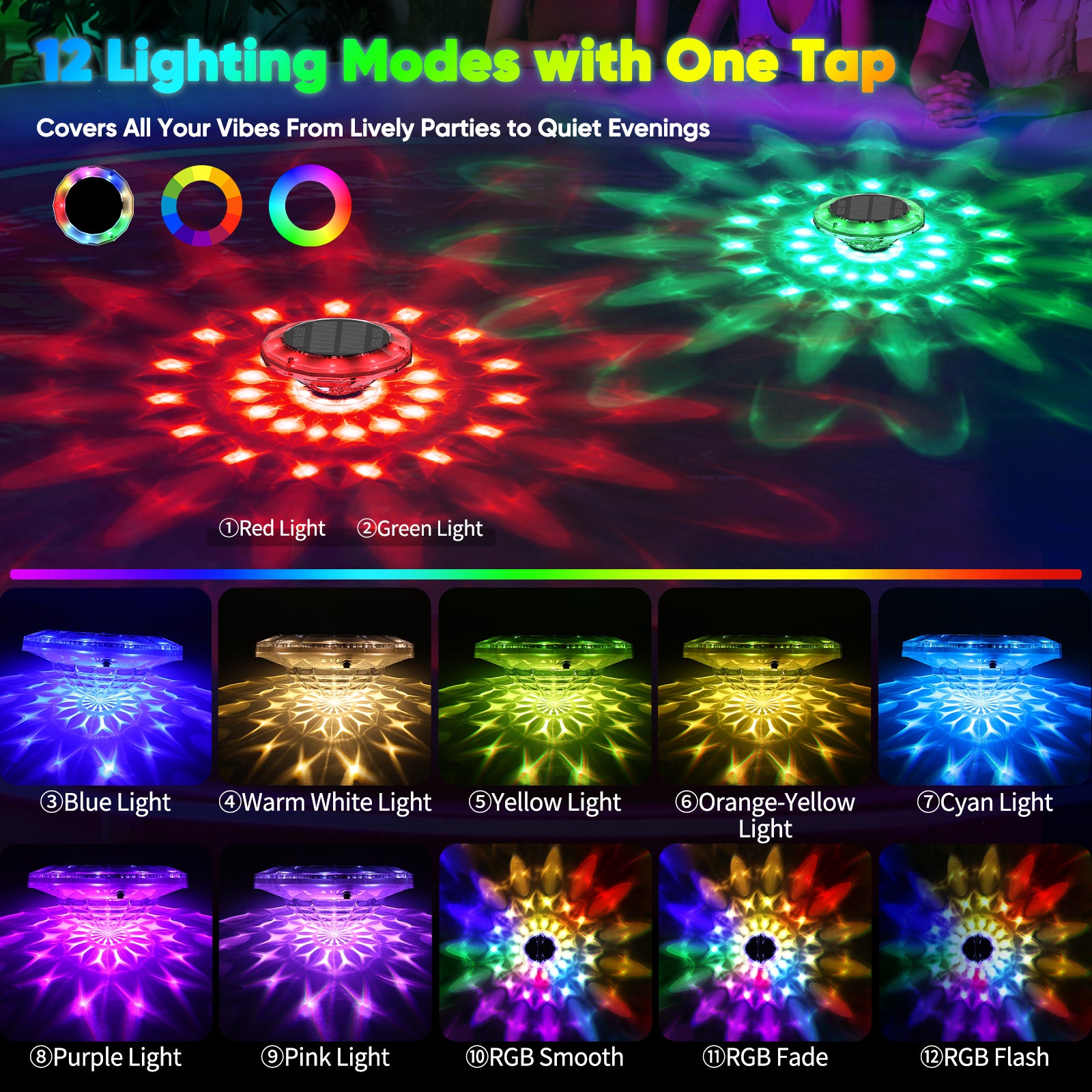 Quntis Luci Solari Galleggianti per Piscina, Luci LED Impermeabili RGB da 6" con Telecomando, 12 Modalità e 16 Ore di Autonomia per Piscina