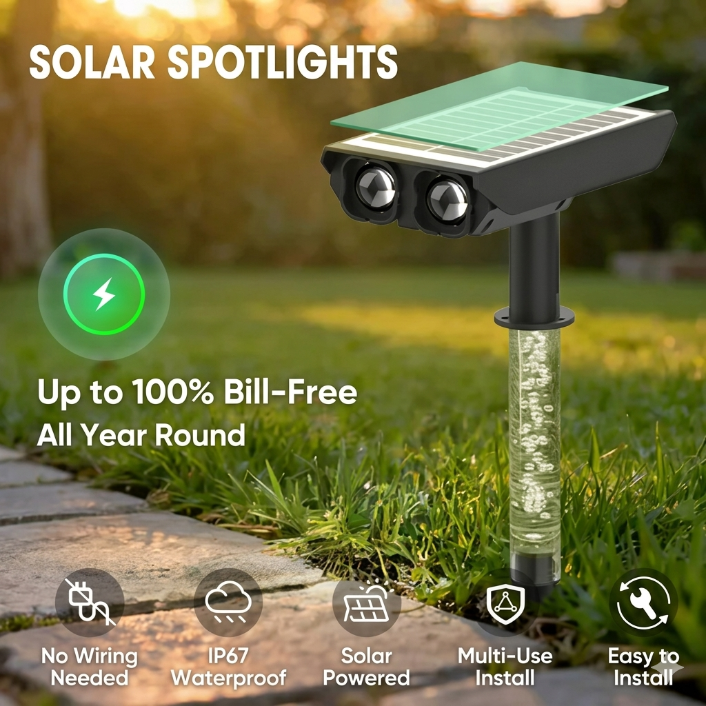 Adjustable Solar Powered Outdoor Garden Spotlights, IP65 Waterproof Landscape Lighting