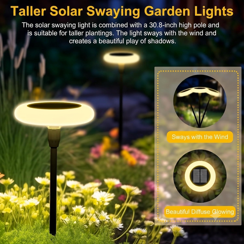 Solar UFO High-Pole Swaying Garden Lights - Outdoor Decorative Landscape Stakes, Wind-Dancing Firefly Solar Pathway Lights for Yard, Patio, Pathway, and Lawn Decor
