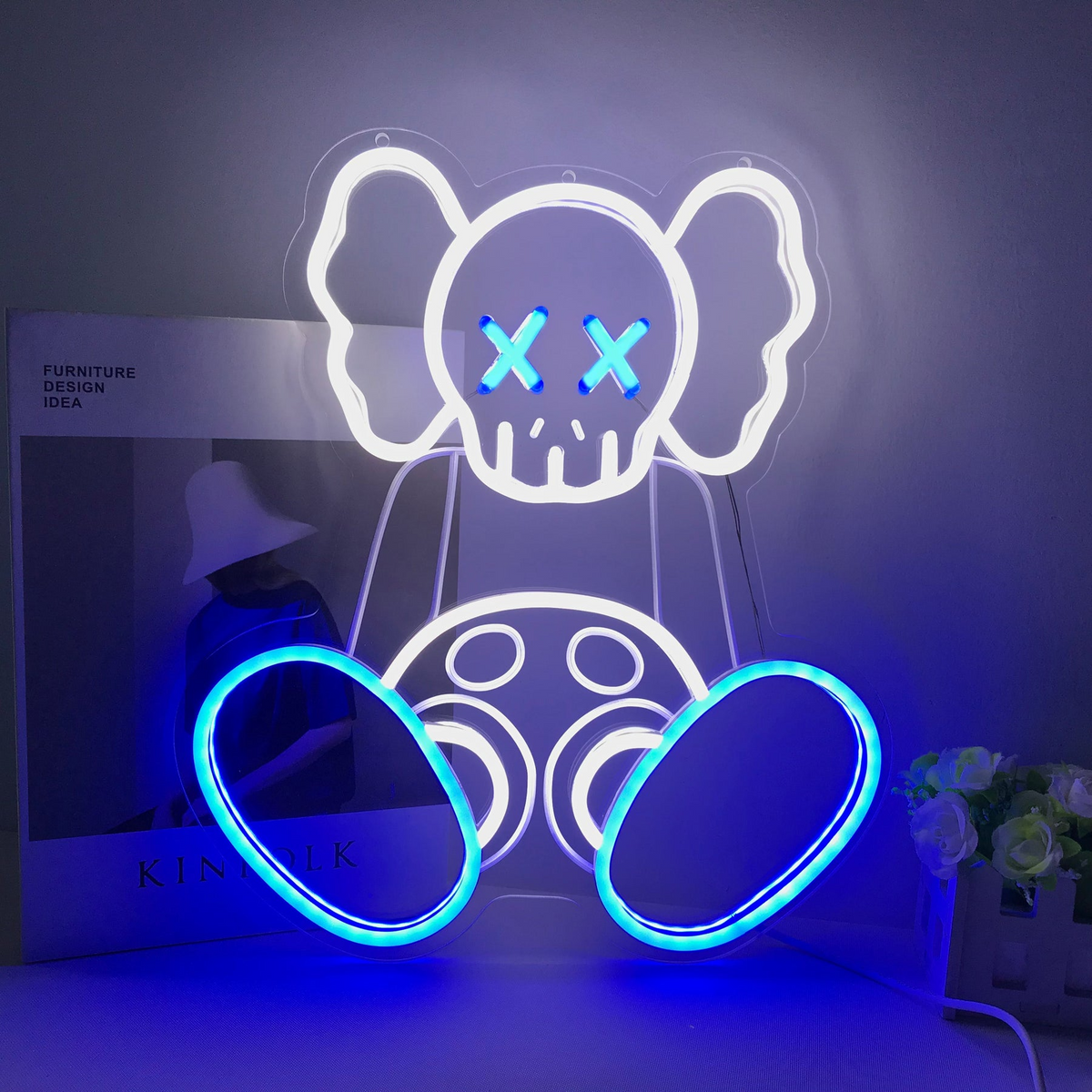 KAWS Inspired Sitting Neon Sign & LED Neon Light Glowing Wall Art for