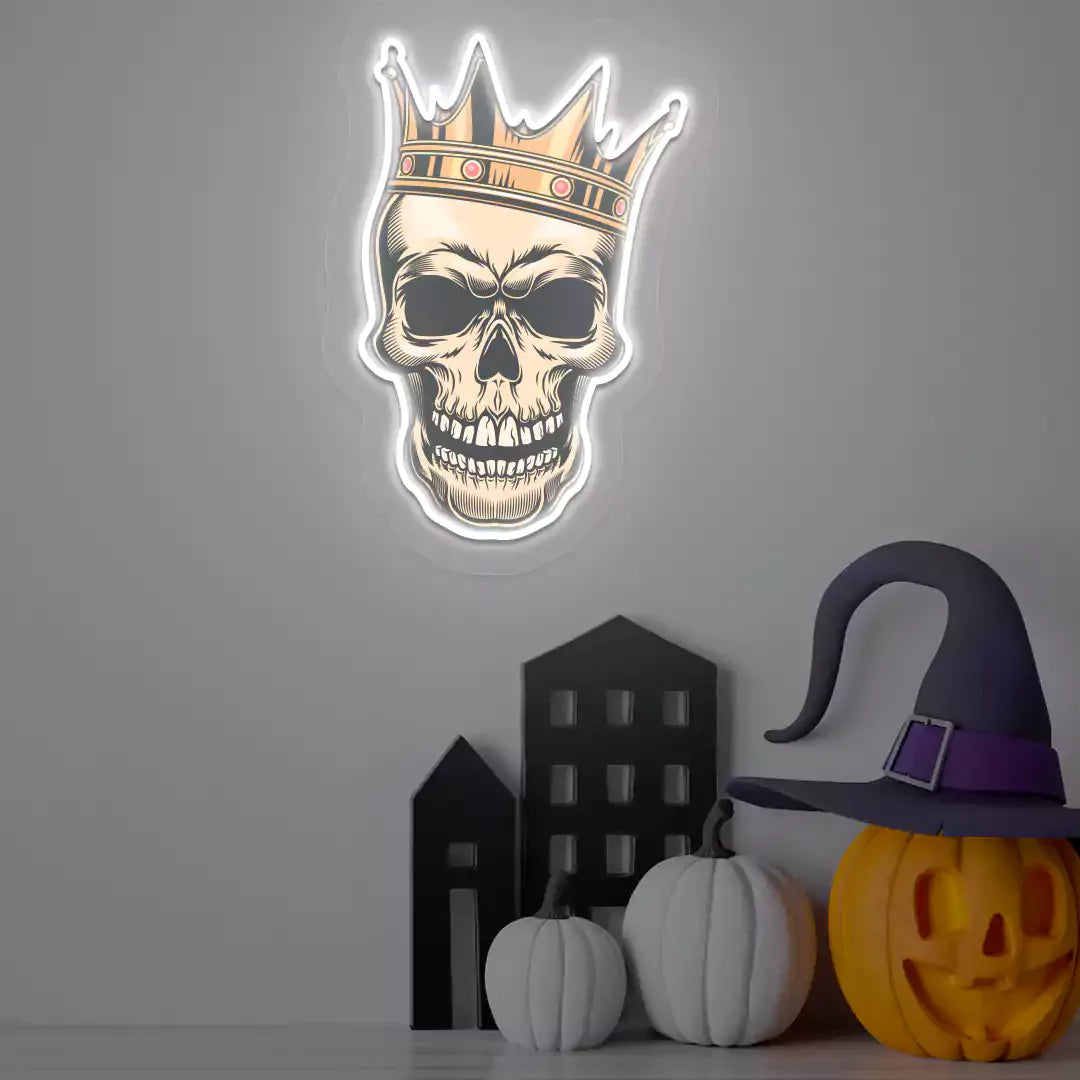 King Skull Neon Sign – Crowned Skeleton LED Wall Light for Game Rooms, Bars & Gothic Decor