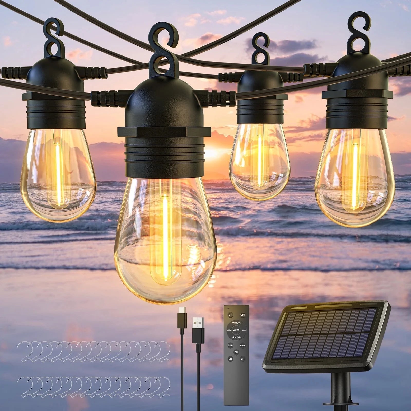 Quntis 105 FT LED Solar String Lights Outdoor with Remote and, Type-C&Solar Patio String Lights with 30 Bulbs, Waterproof Connectable Hanging Lights with 4 Lighting Modes for Yard Patio Garden