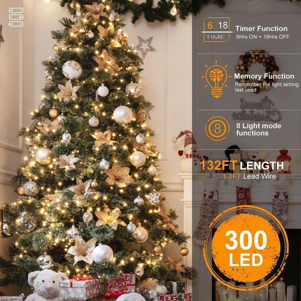 Battery Operated Christmas Lights, Quntis 132ft 300 LED Battery Powered Decoration Tree Lights, 8 Modes Timer Waterproof Christmas String Lights for Valentine Party Home Courtyard Warm White