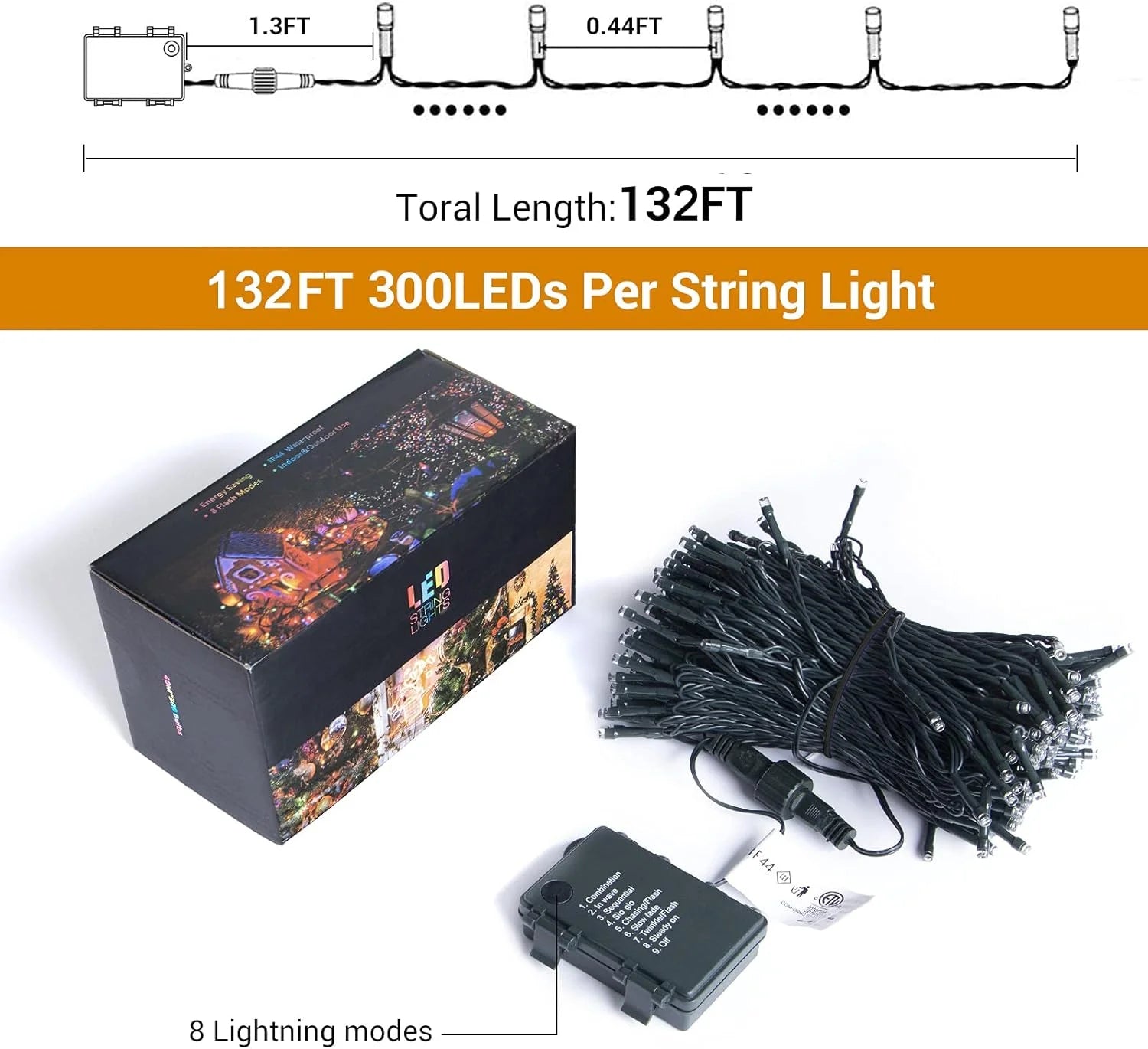 Battery Powered Christmas Lights, Quntis Christmas Tree Lights 132ft 300 LED Christmas String Lights Battery Operated Timer 8 Modes Waterproof Decorative Lights for Holiday Wedding Party Multicolor