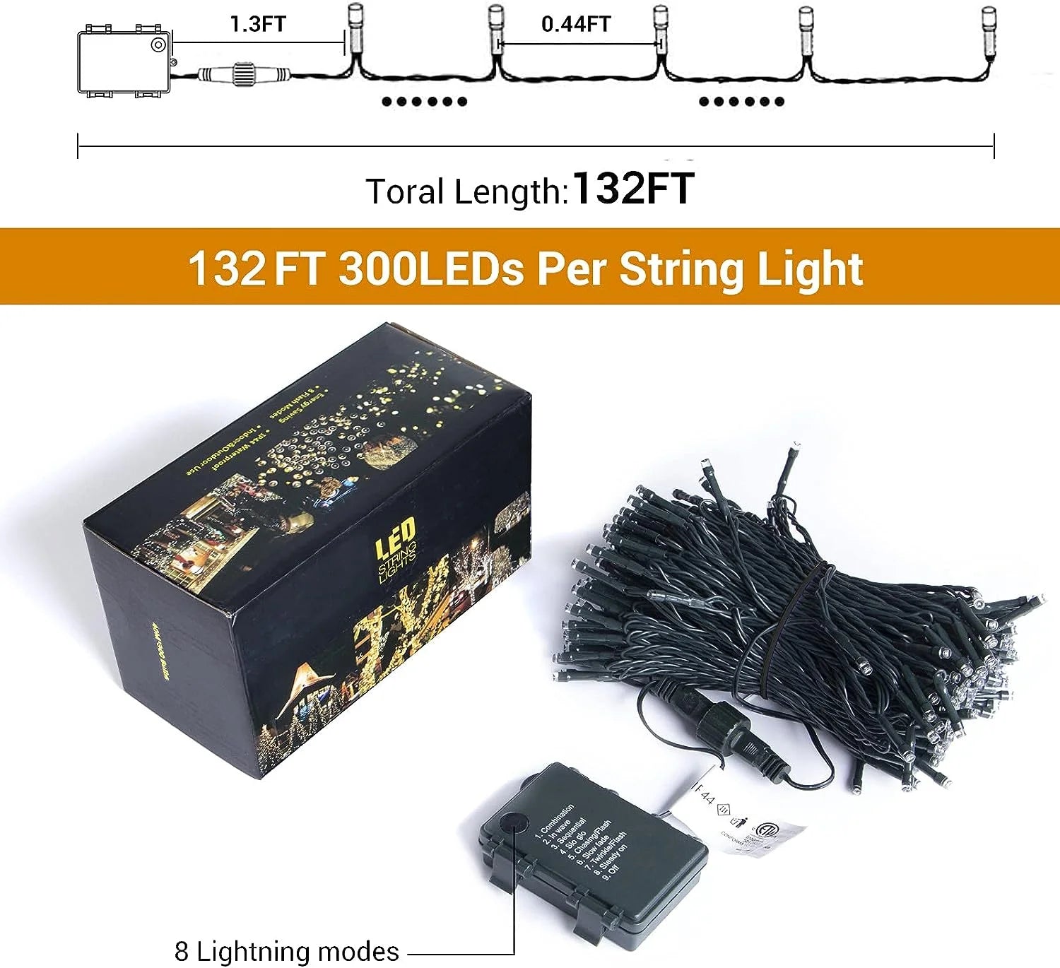Battery Operated Christmas Lights, Quntis 132ft 300 LED Battery Powered Decoration Tree Lights, 8 Modes Timer Waterproof Christmas String Lights for Valentine Party Home Courtyard Warm White