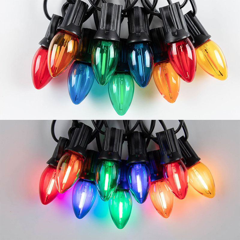 C7 RGB Outdoor Christmas String Lights, Shatterproof and Waterproof, E12 Plastic Bulbs