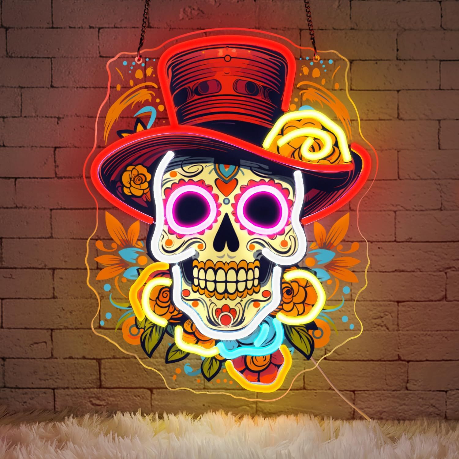 Halloween Sugar Skull Neon Wall Sign – Floral Top Hat LED Light Decor