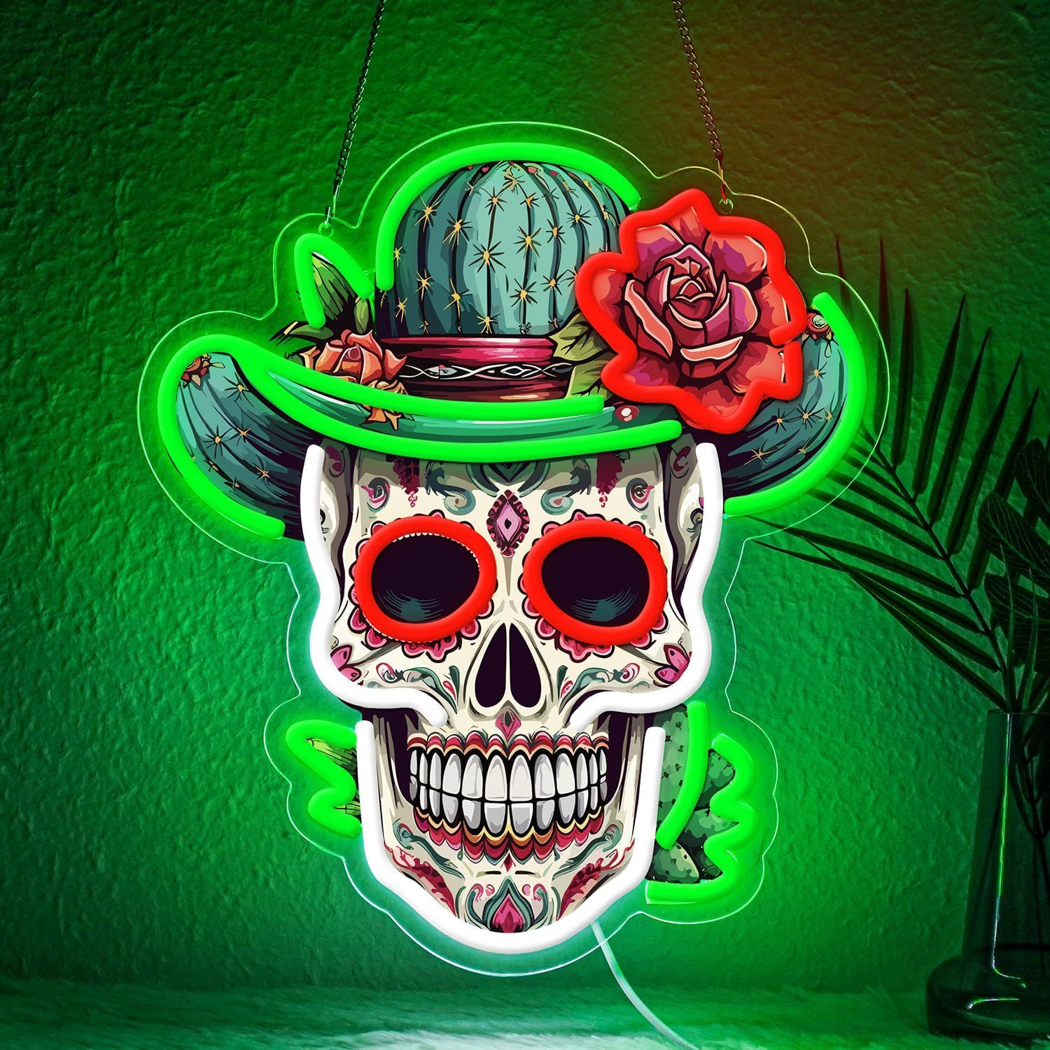 Halloween Sugar Skull Neon Wall Sign – Cactus Hat & Roses LED Light Art