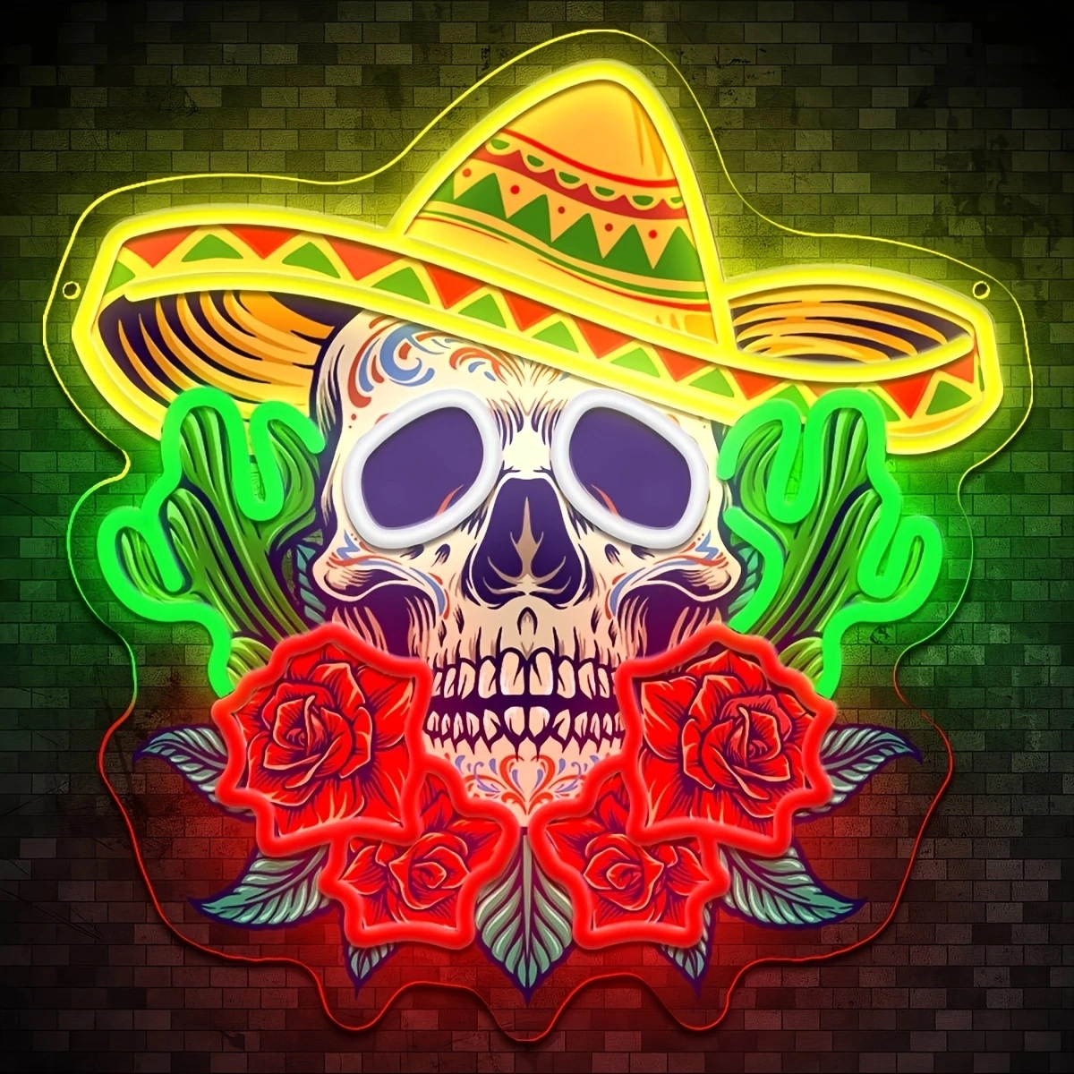 Mexican Skull Neon Wall Sign – Sombrero, Cactus & Rose LED Decor for Bar, Party, Day of the Dead, Halloween