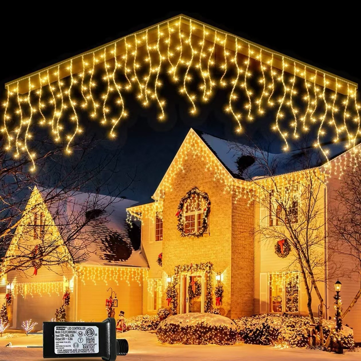 Quntis Luzes de Cortina LED 400 32FT – 80 Gotas de Estalactite & Bola de Cristal, 2 Modos para Decoração de Férias & Natal