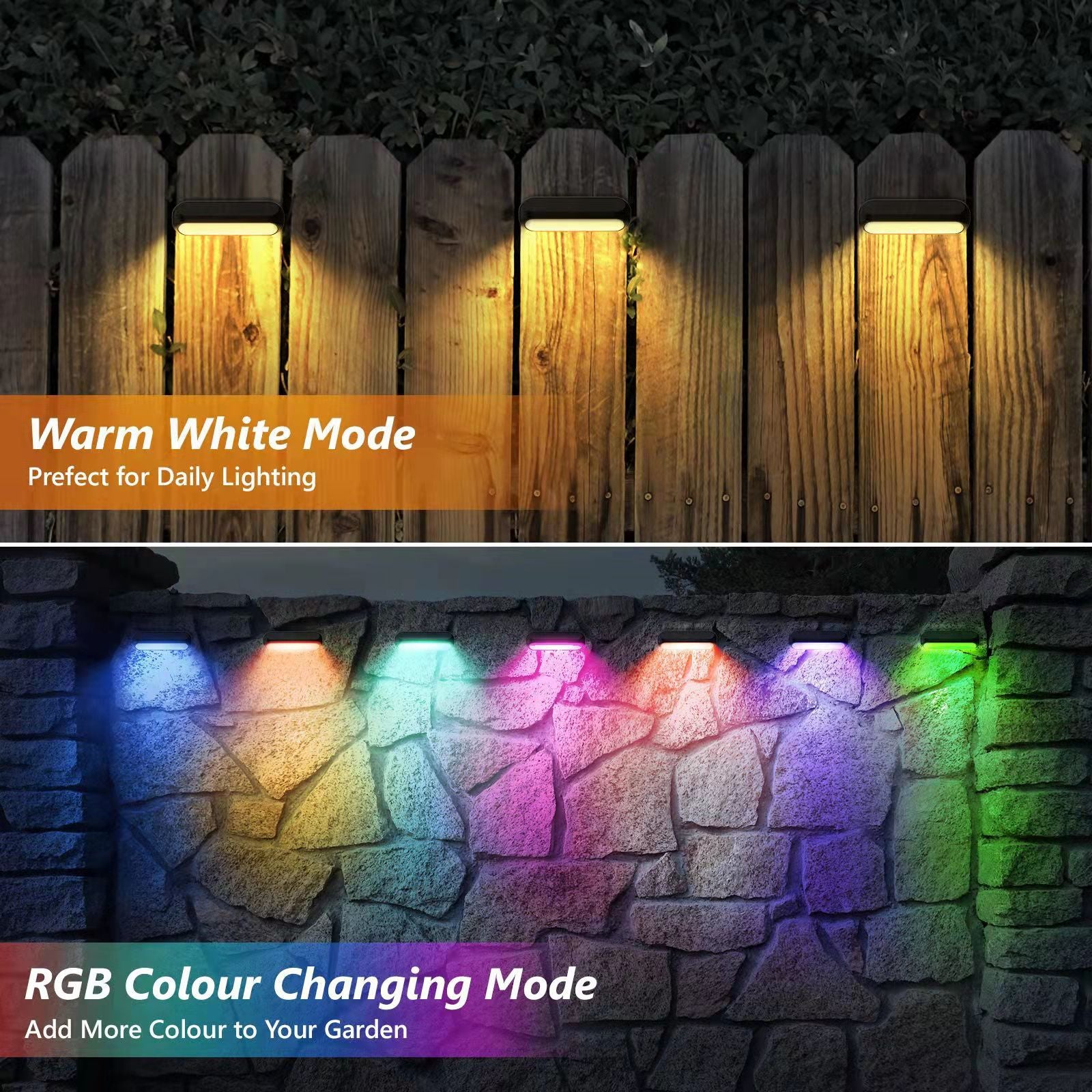 Solar Powered Outdoor Wall Lights, RGB + Warm White, IP65 Waterproof Fence & Step Lights