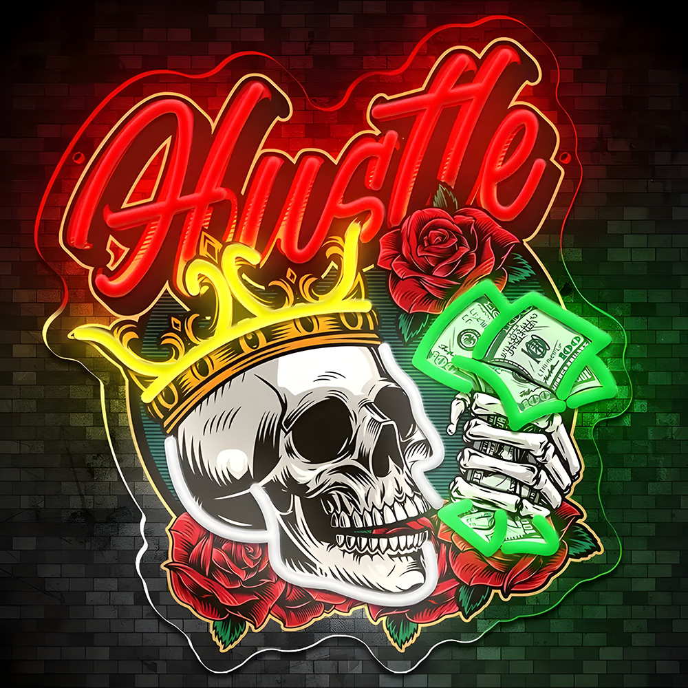 Hustle King Neon Light – Skull, Crown & Cash Art for Motivational Halloween Wall Decor