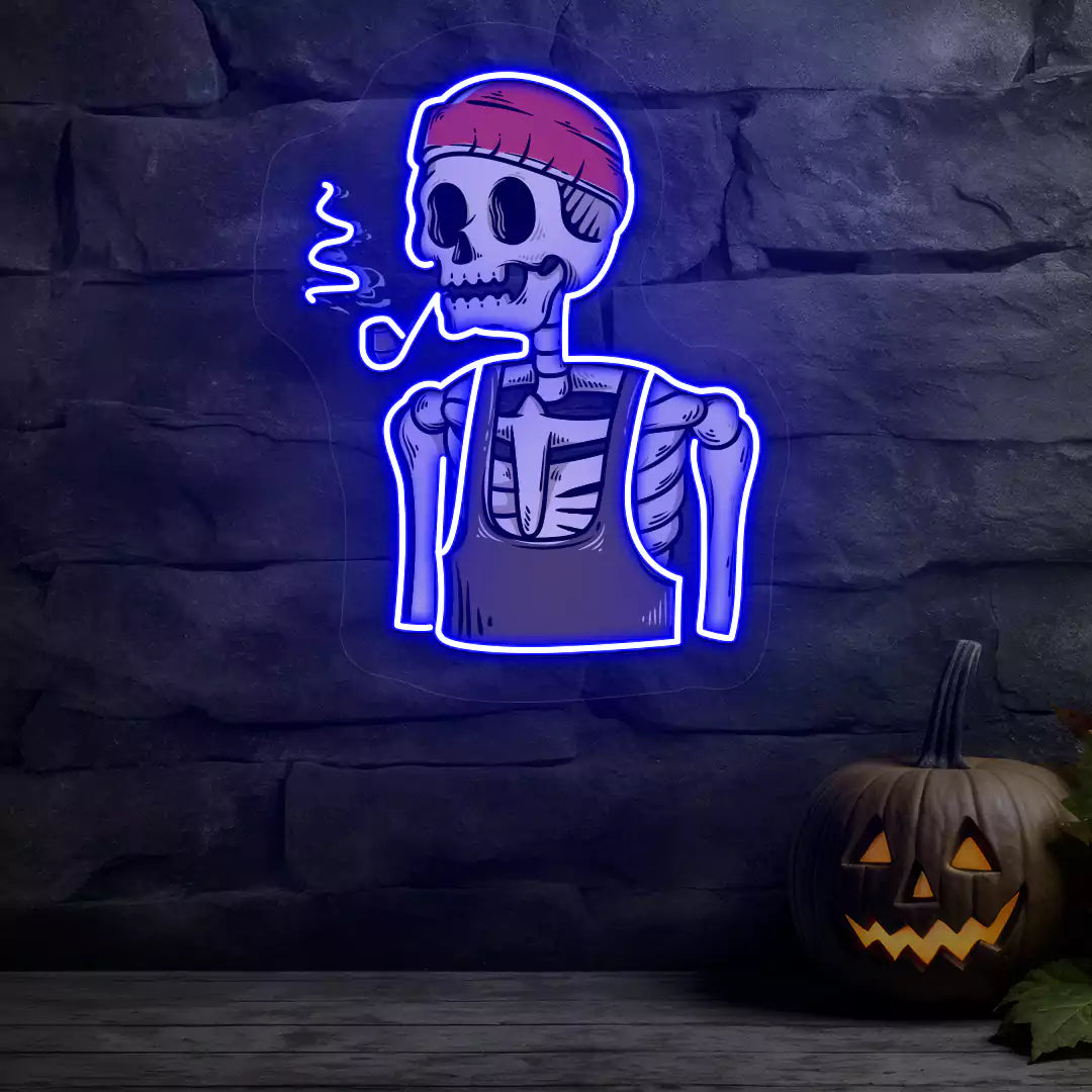 Smoking Skeleton Neon Sign – Vintage Pipe Smoker LED Wall Art for Bars, Man Caves & Halloween Decor