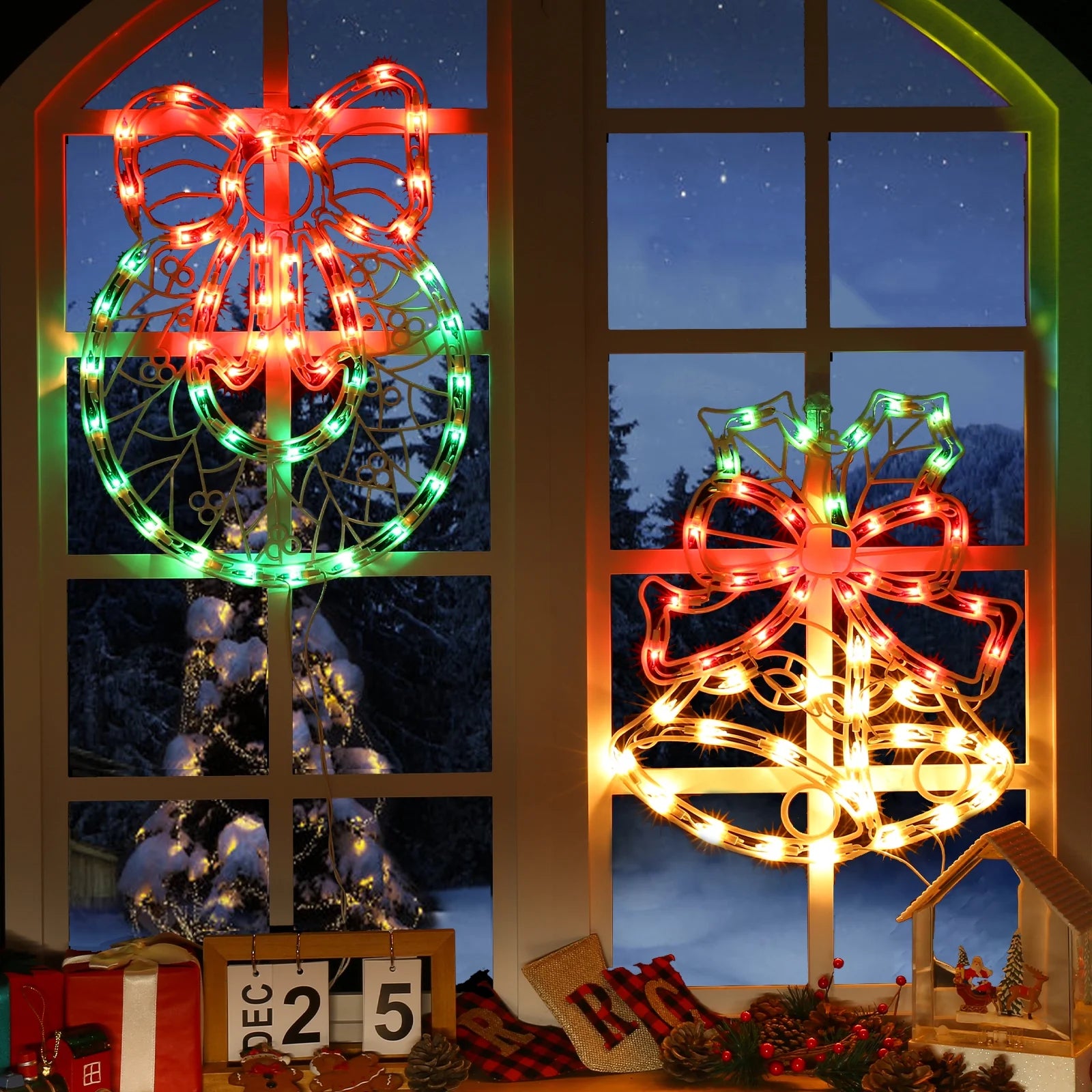 Quntis Decorazioni per Finestra di Natale Multicolore, Campana di Natale e Luci a Silhouette di Ghirlanda Illuminata da 17 Pollici con 100 Mini Lampadine e 4 Ganci, Illumina per Decorazioni Natalizie da Interno su Parete, Porta e Vetro