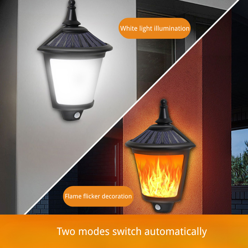 Solar Wall Light with Flame Effect | 86 LED, Motion Sensor, Auto Switch White Light & Flickering Flame， IP65 Waterproof Outdoor Decorative Light for Garden, Patio, Pathway