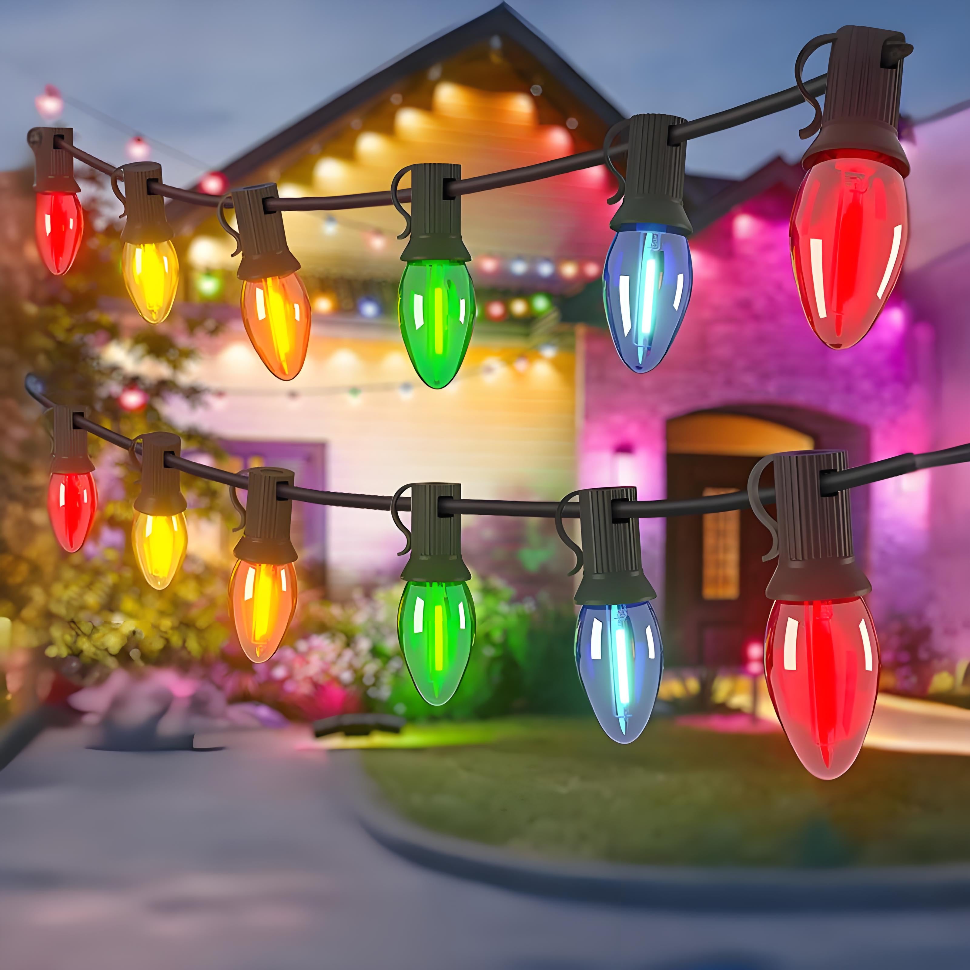 C7 RGB Outdoor Christmas String Lights, Shatterproof and Waterproof, E12 Plastic Bulbs