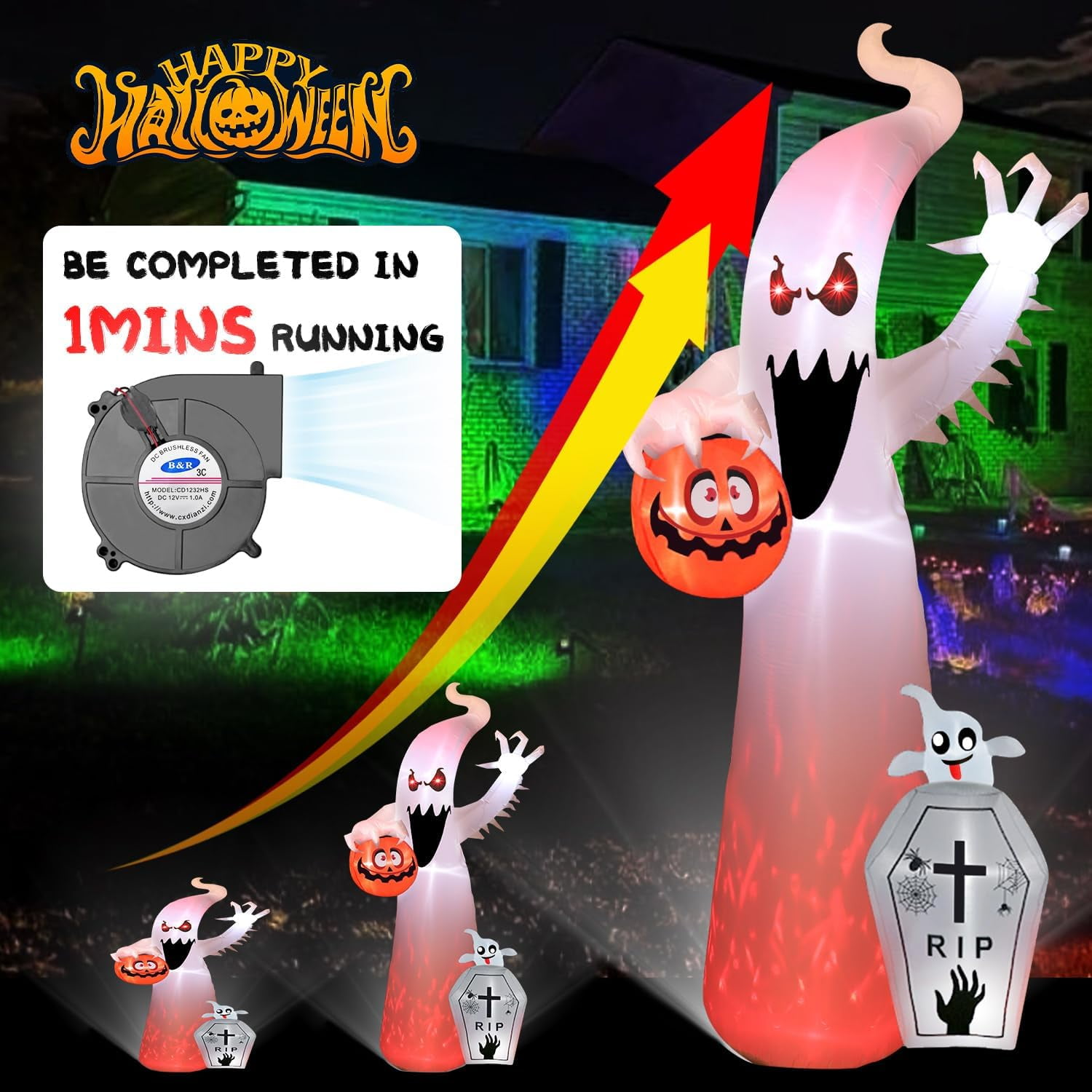 Quntis 12FT Halloween Inflatable Outdoor Decoration with Projection Lights and Scary Sound, Halloween Blow Up Yard Decorations, Waterproof Inflatable Halloween Pumpkin Ghost with LED for Garden