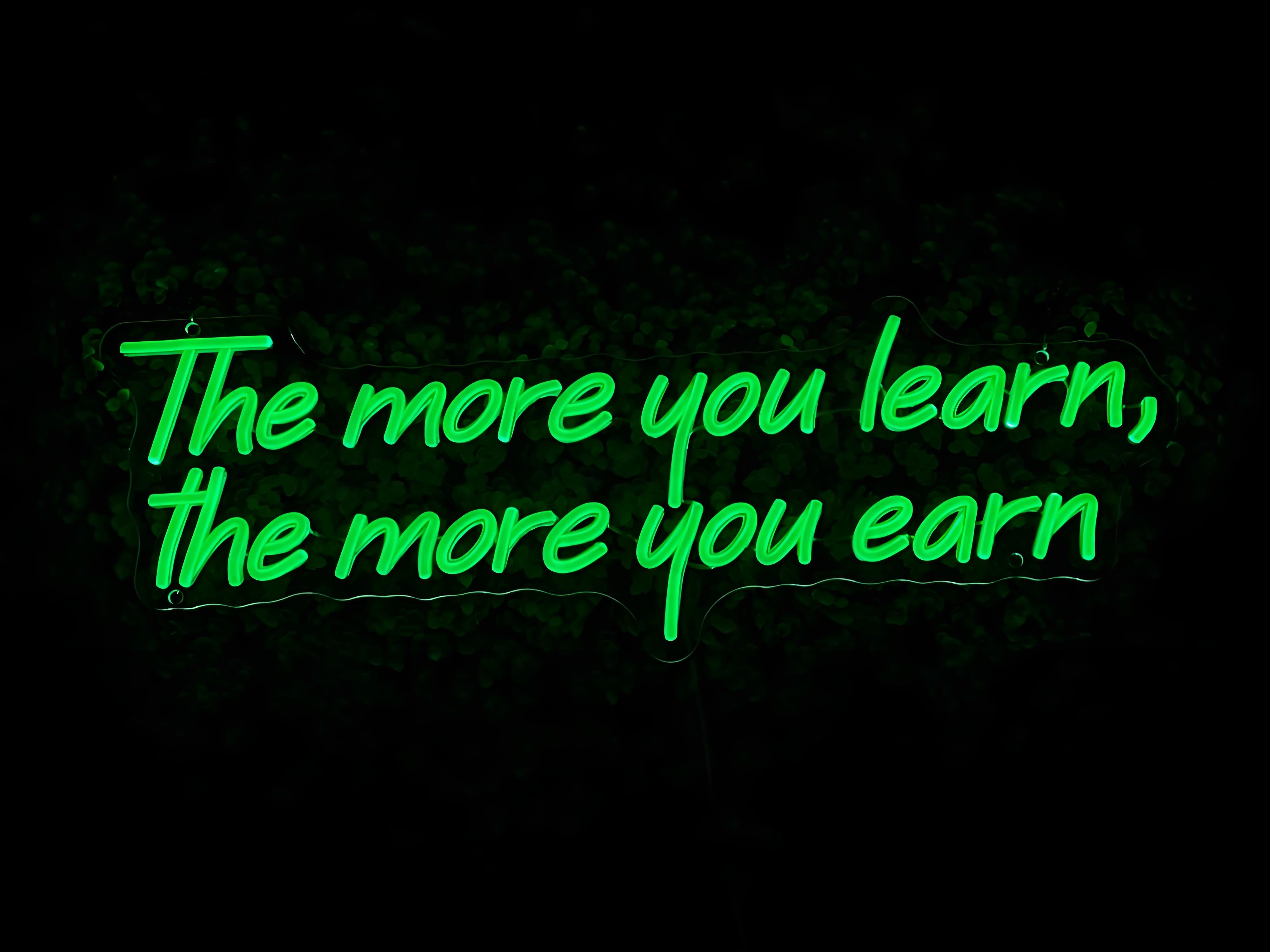 "The More You Learn, The More You Earn" LED Neon Sign – Inspirational Wall Art & Custom Home Decor