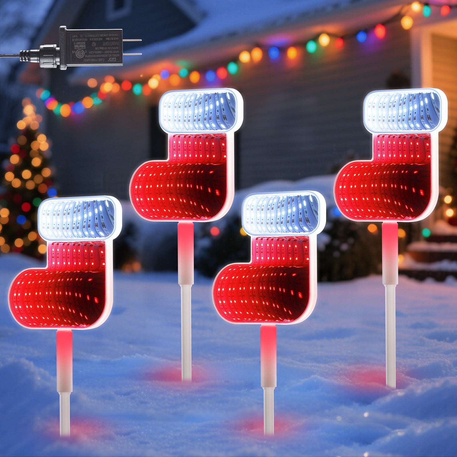 Quntis 1 pack (4 pcs) Christmas 3D Mirror Stocking Stake Lights – LED Outdoor Garden & Pathway Decor