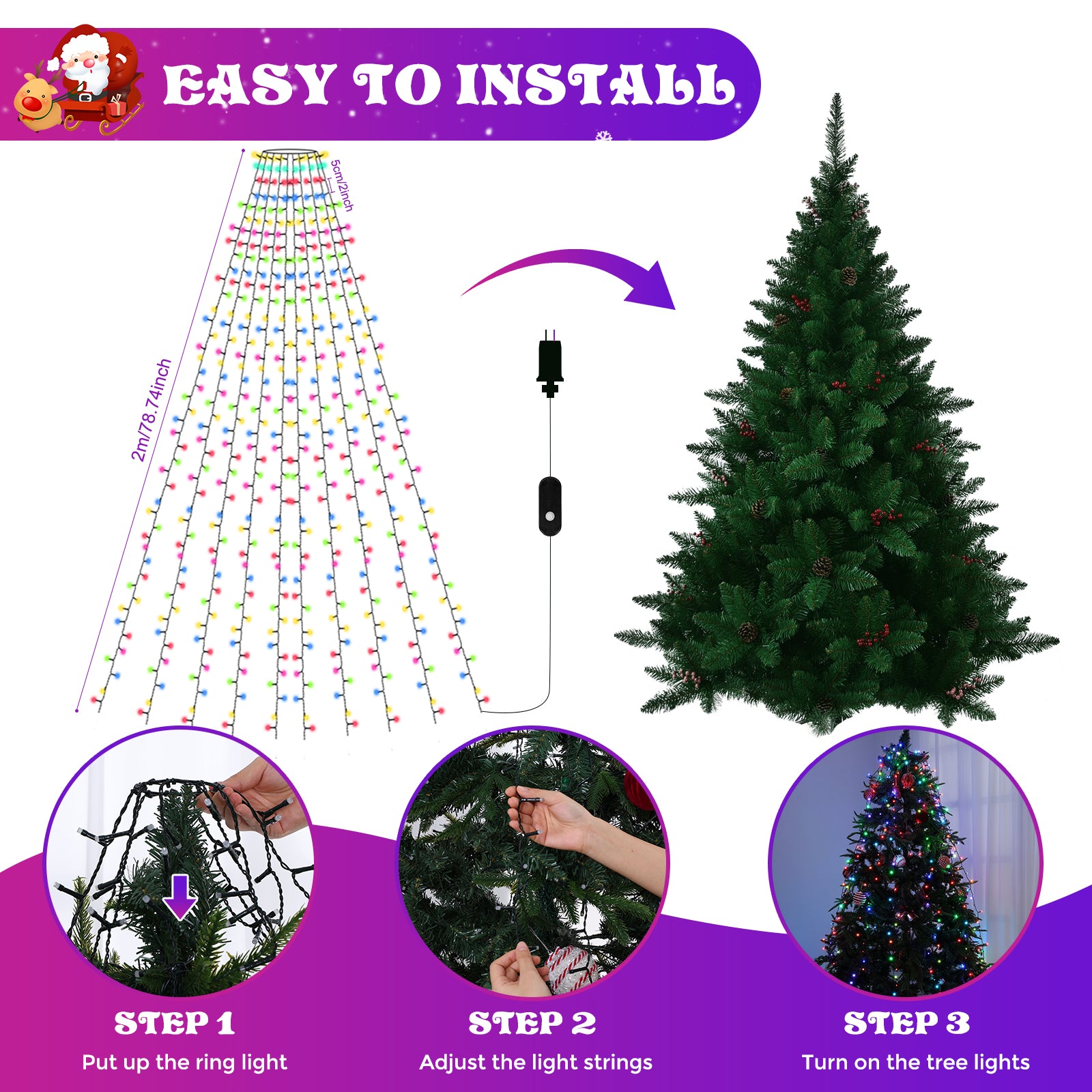 10×2m 400-LED Dark Green Wire Colorful Circular Smart Christmas Tree Lights – IP44 Waterproof, Music-Sync Mode, App & Remote Control