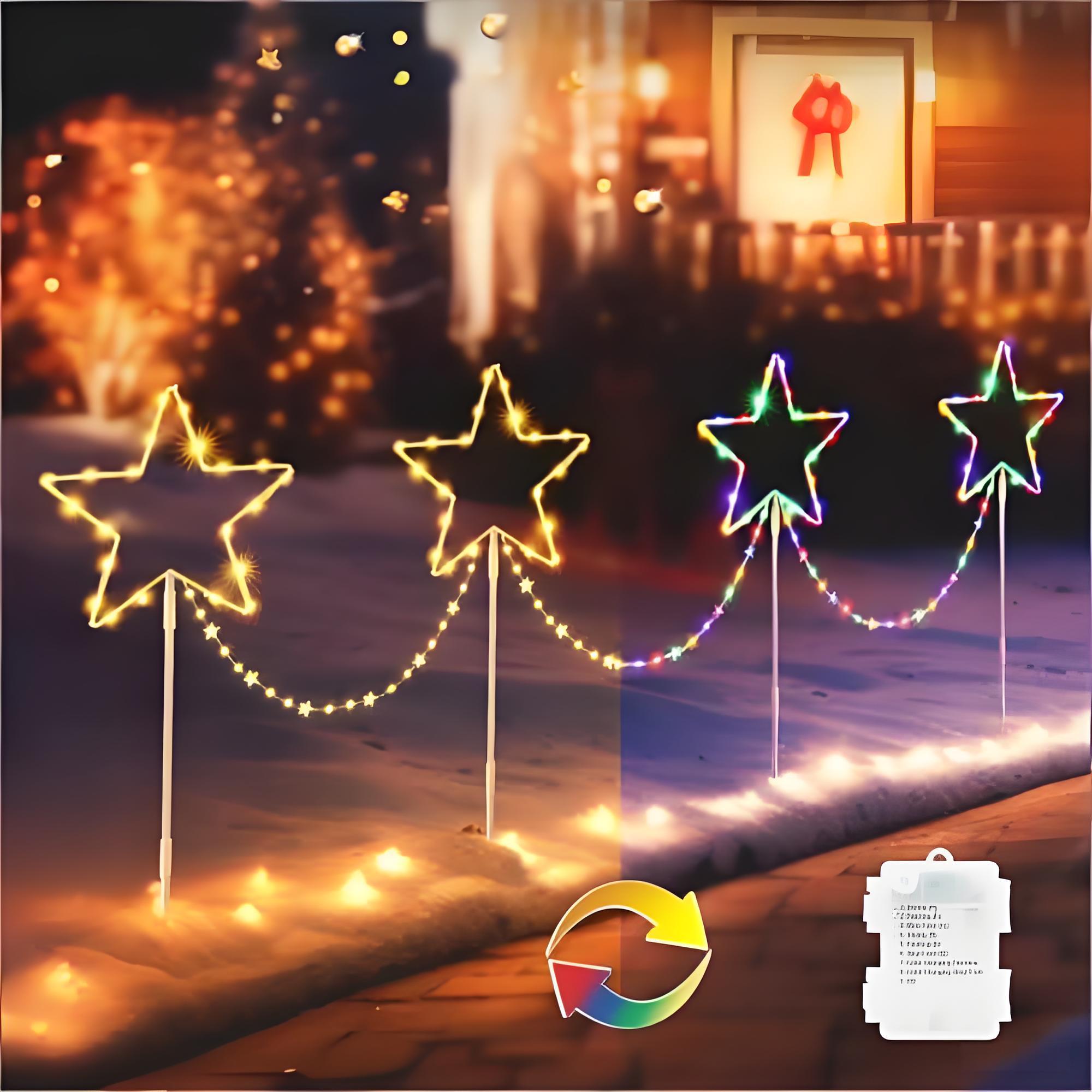 Quntis 4 Pcs LED Christmas Pathway Lights, Colour Changing Star Garden Stakes, Battery Powered with 8 Modes & Timer, IP65 Waterproof for Xmas Yard Lawn Decor
