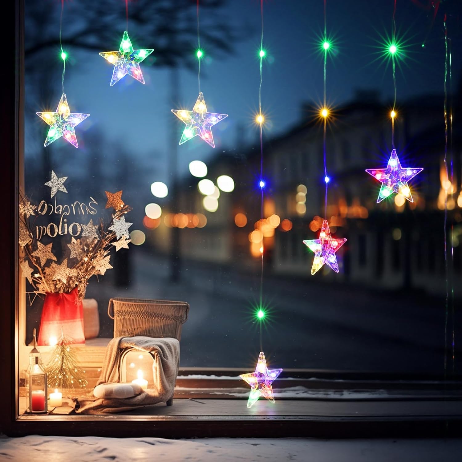 Quntis Color Changing Star Window Christmas Lights - Warm White & Multicolor 9 Stars Curtain, 8 Modes Battery Operated With Timer, IP65 Waterproof Xmas Window Decor
