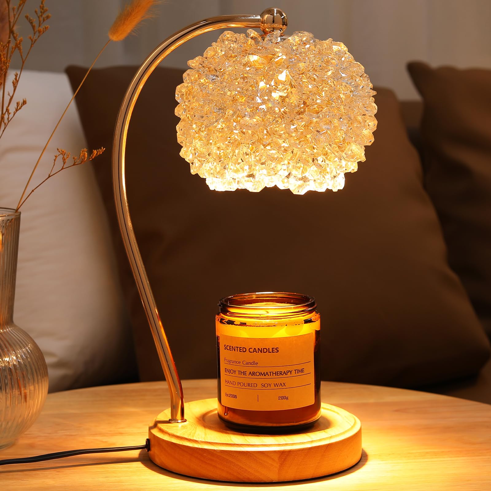 Candle Warmer Lamp for Jar Candles with Adjustable Brightness.Timer Handcrafted Crystal£¦Wooden Base,Candle Lamp Elegant+2Bulbs,Home Decoration Electric Candle lamp