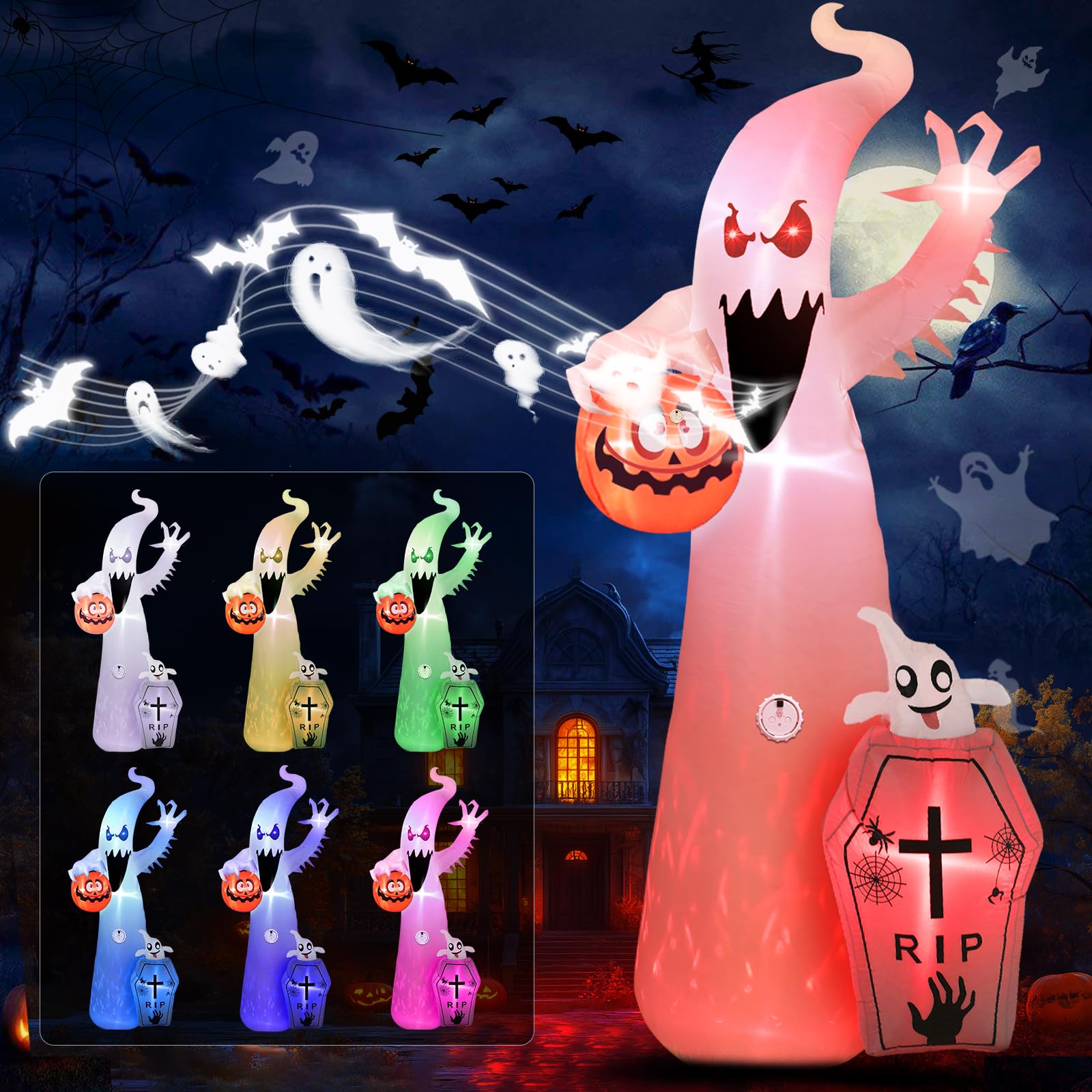 12フィート ハロウィン インフレータブル屋外装飾 プロジェクションライトと怖い音付き ハロウィン ブロウアップ庭装飾 防水インフレータブルハロウィンパンプキンゴースト LED付き ガーデン用