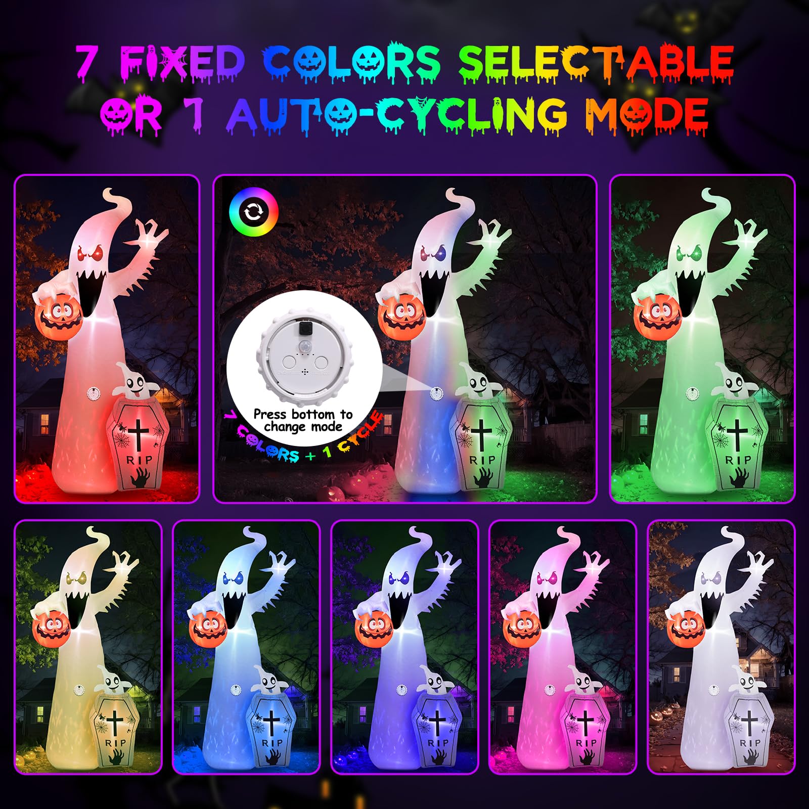 Quntis 12FT Halloween Inflatable RGB Outdoor Decoration with Projection Lights and Scary Sound, Halloween Blow Up Yard Decorations, Waterproof Inflatable Halloween Pumpkin Ghost with LED for Garden
