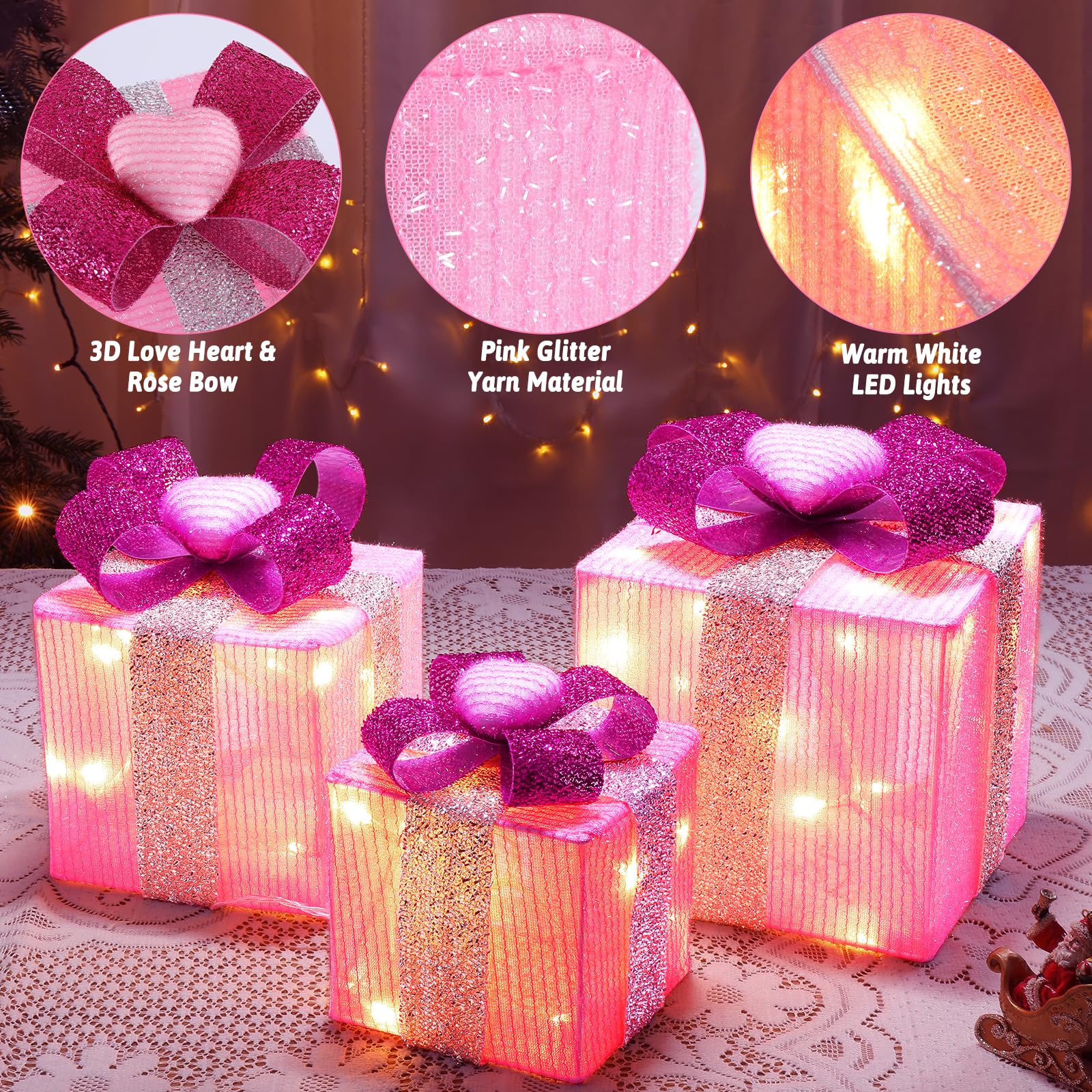 Scatole regalo illuminate rosa a 3 pezzi con accenti a forma di cuore per San Valentino e Festa della Mamma, set di regali di Natale in ferro luminoso con fiocco, funzionante a batterie AA (batterie non incluse)