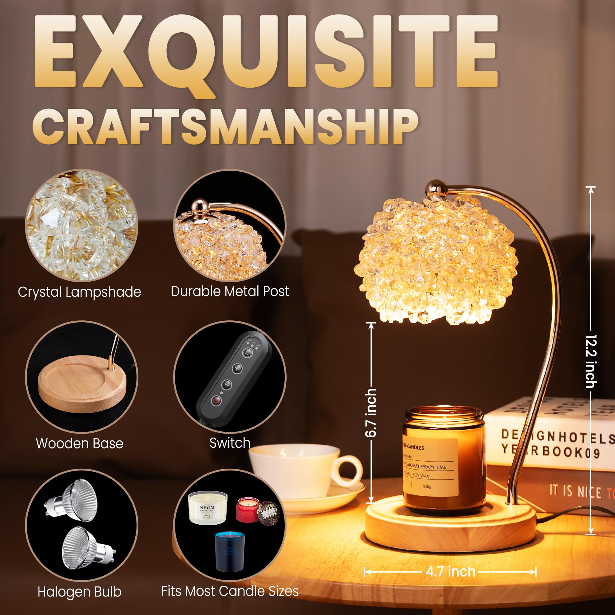 Candle Warmer Lamp for Jar Candles with Adjustable Brightness.Timer Handcrafted Crystal£¦Wooden Base,Candle Lamp Elegant+2Bulbs,Home Decoration Electric Candle lamp