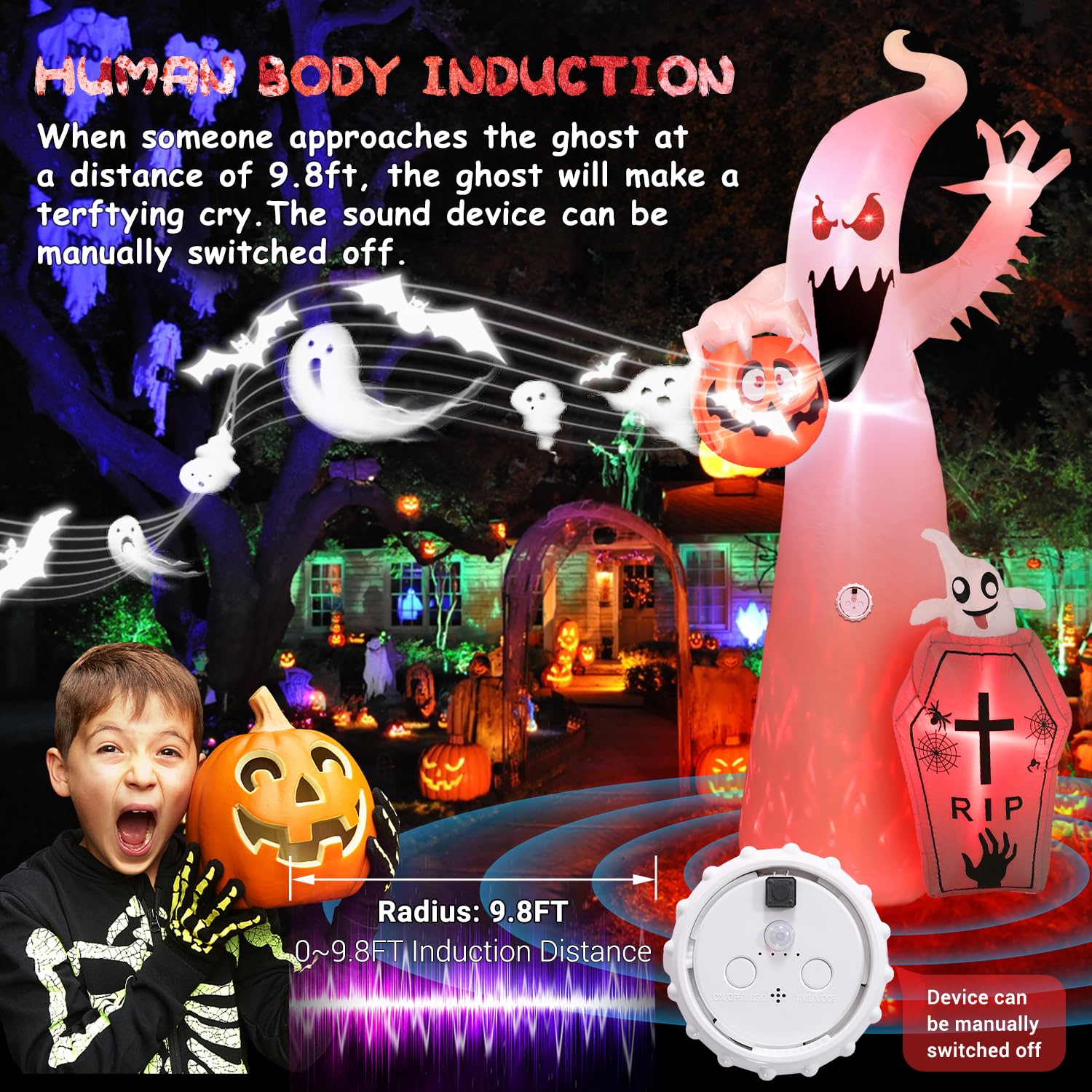 Quntis 12FT Halloween Inflatable RGB Outdoor Decoration with Projection Lights and Scary Sound, Halloween Blow Up Yard Decorations, Waterproof Inflatable Halloween Pumpkin Ghost with LED for Garden