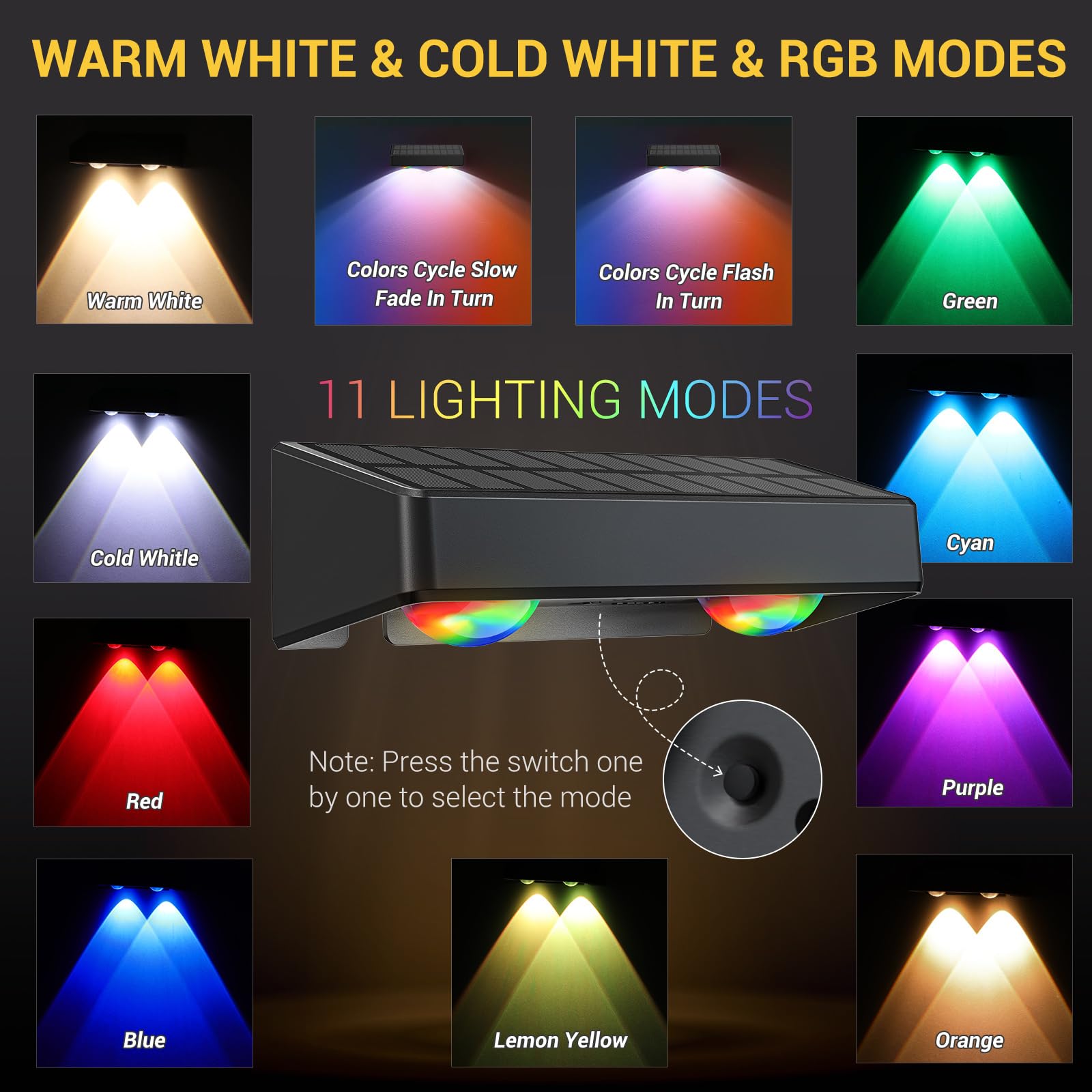 Quntis Solar Lights Outdoor 4-8Pack, RGBWW Solar Fence Lights with 11 Color Modes, IP65 Waterproof Solar Deck Lights, Auto On/Off Dusk to Dawn Solar Garden Lights for Wall Yard Patio Railing Decoration