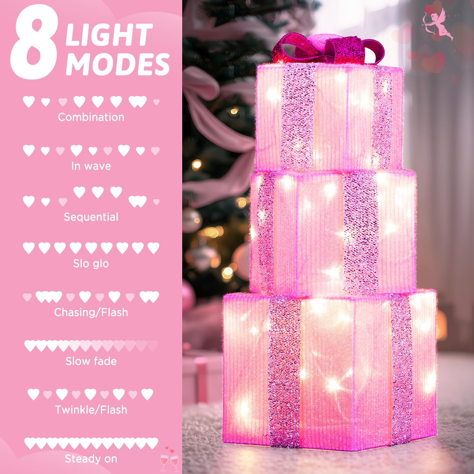 Scatole regalo illuminate rosa a 3 pezzi con accenti a forma di cuore per San Valentino e Festa della Mamma, set di regali di Natale in ferro luminoso con fiocco, funzionante a batterie AA (batterie non incluse)