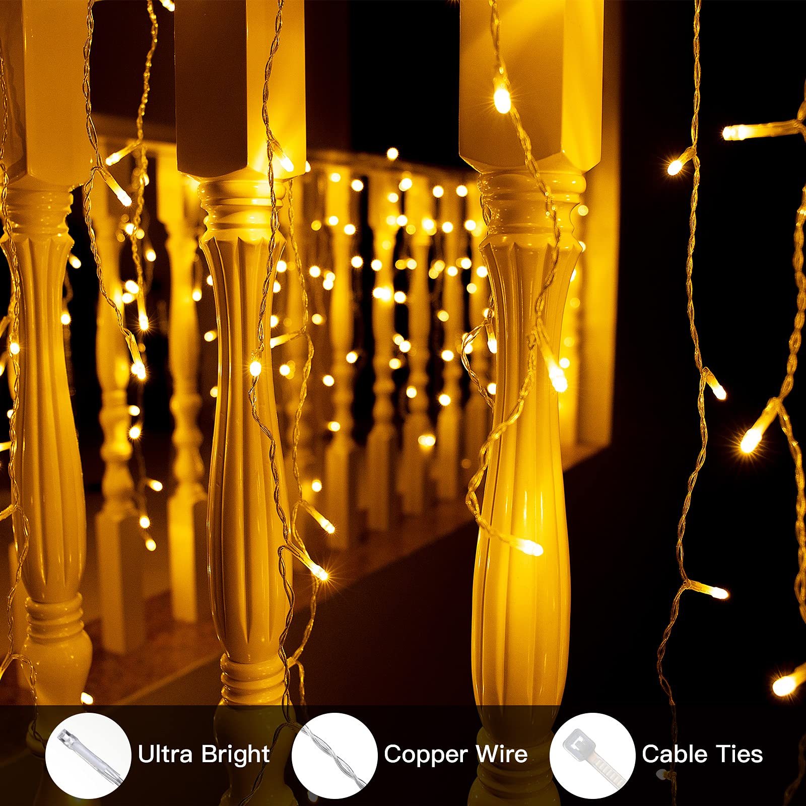 Quntis 400 LED 32FT Vorhanglichter – 80 Tropfen Eiszapfen & Kristallkugel, 2 Modi für Feiertags- & Weihnachtsdekoration