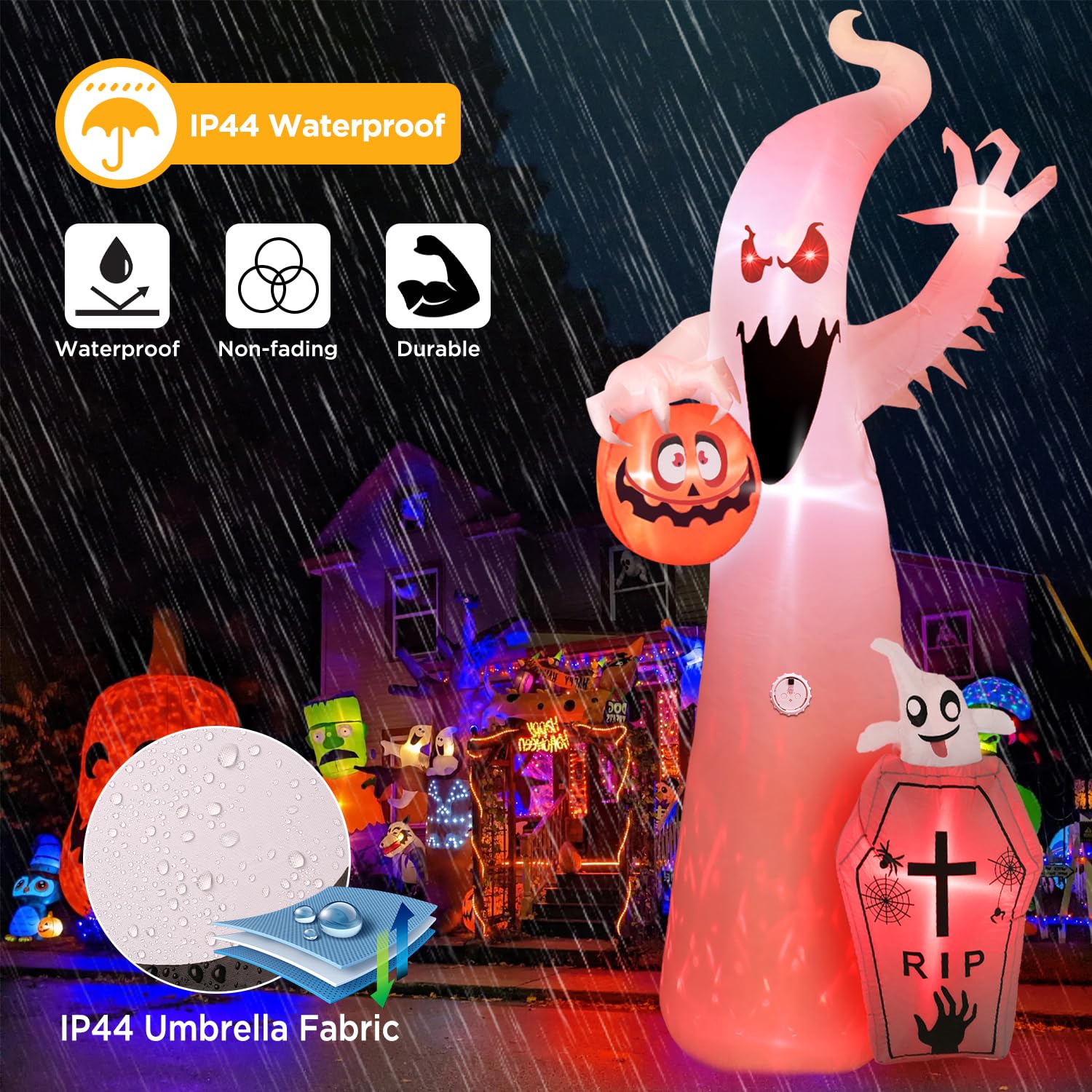Quntis 12FT Halloween Inflatable RGB Outdoor Decoration with Projection Lights and Scary Sound, Halloween Blow Up Yard Decorations, Waterproof Inflatable Halloween Pumpkin Ghost with LED for Garden