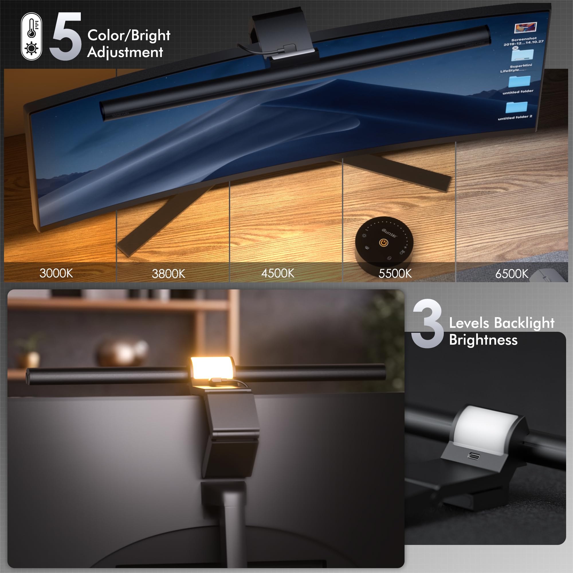 Quntis Monitor Lichtleiste mit Fernbedienung, 16,7'' Augenschutz Blendschutz Computer Lichtleiste mit Hintergrundbeleuchtung, automatischer Dimmung & Timer, stufenlos dimmende Monitorlampe für Schreibtisch Gaming Home Office gebogene Monitore (16,73 Zoll)