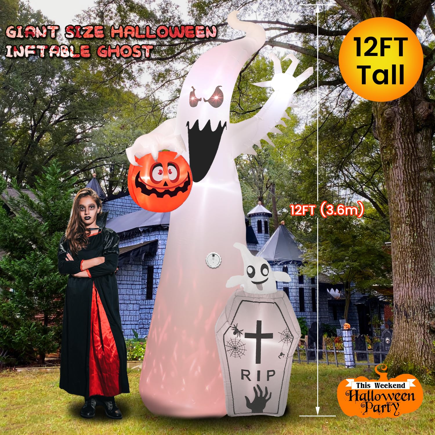 Quntis 12FT Halloween Inflatable RGB Outdoor Decoration with Projection Lights and Scary Sound, Halloween Blow Up Yard Decorations, Waterproof Inflatable Halloween Pumpkin Ghost with LED for Garden