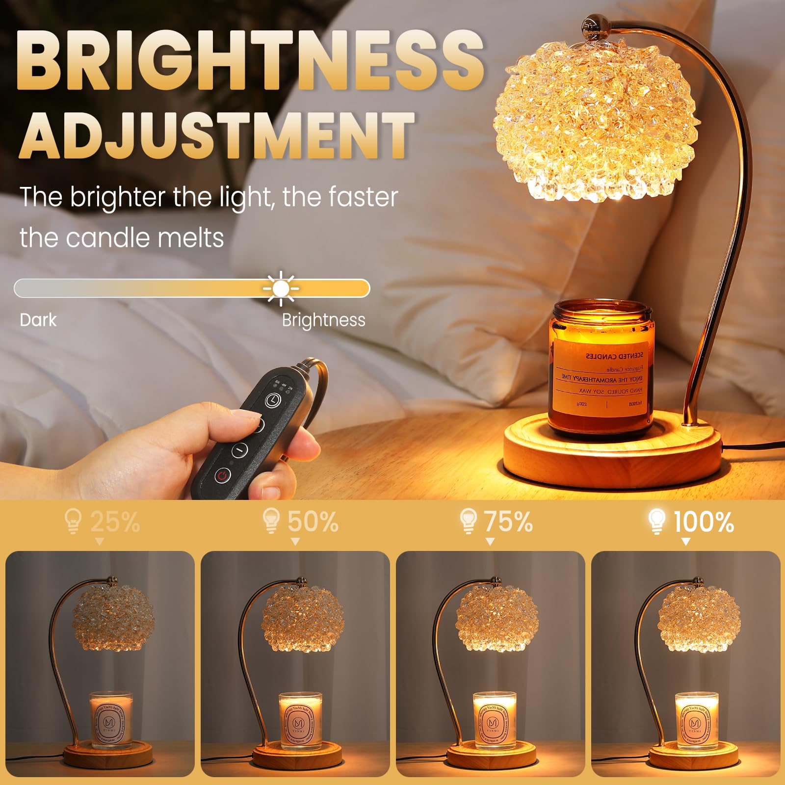 Candle Warmer Lamp for Jar Candles with Adjustable Brightness.Timer Handcrafted Crystal£¦Wooden Base,Candle Lamp Elegant+2Bulbs,Home Decoration Electric Candle lamp