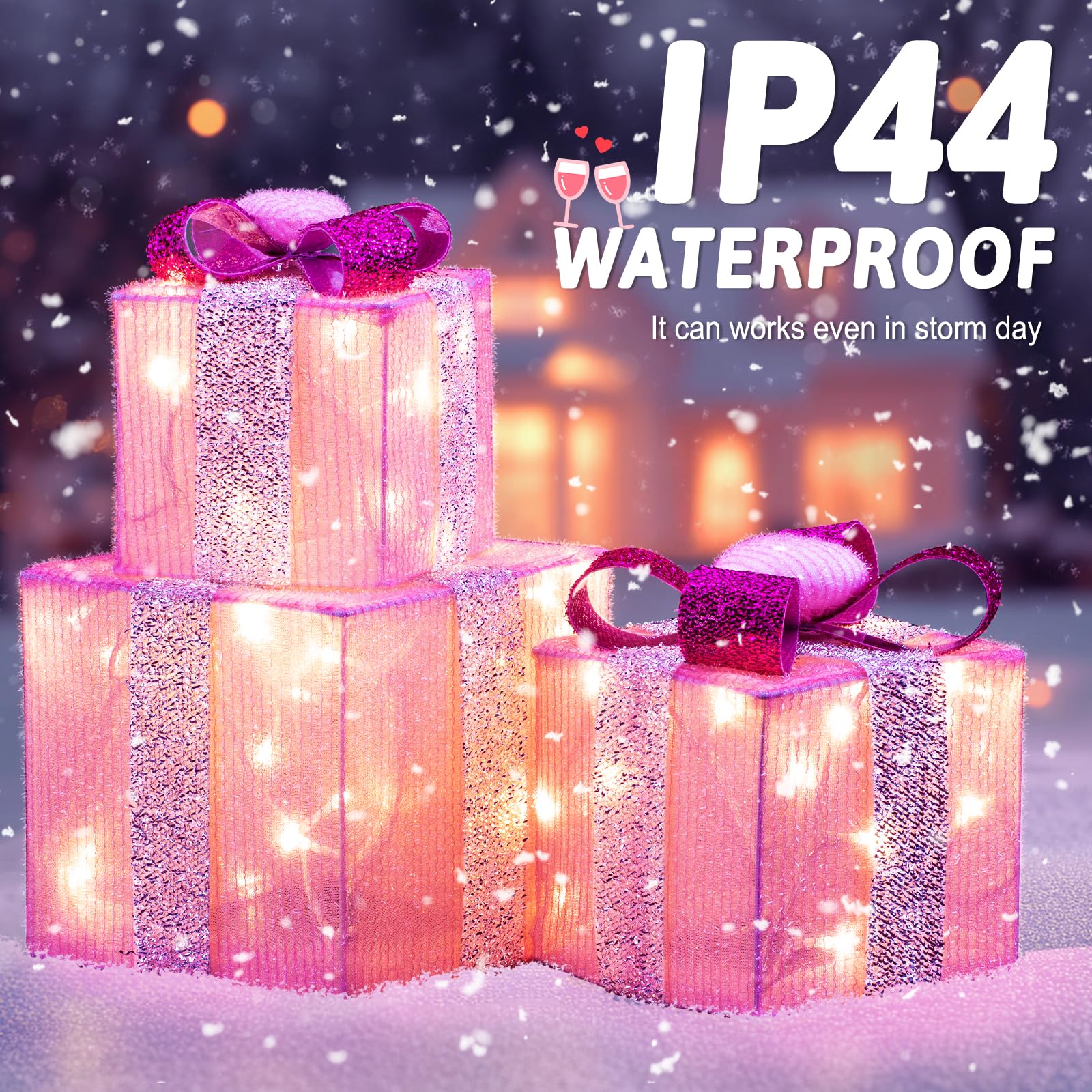 Scatole regalo illuminate rosa a 3 pezzi con accenti a forma di cuore per San Valentino e Festa della Mamma, set di regali di Natale in ferro luminoso con fiocco, funzionante a batterie AA (batterie non incluse)