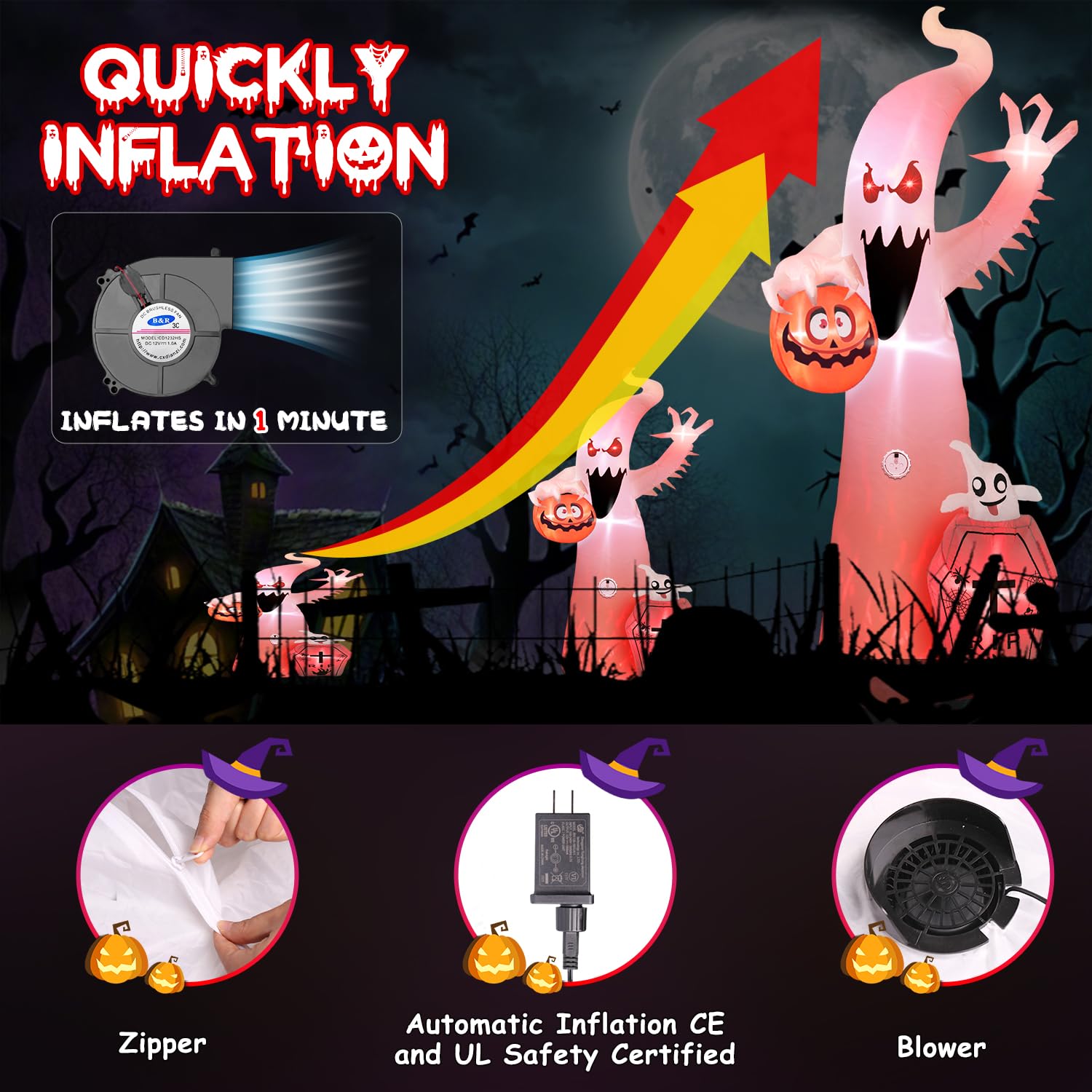 Quntis 12FT Halloween Inflatable RGB Outdoor Decoration with Projection Lights and Scary Sound, Halloween Blow Up Yard Decorations, Waterproof Inflatable Halloween Pumpkin Ghost with LED for Garden
