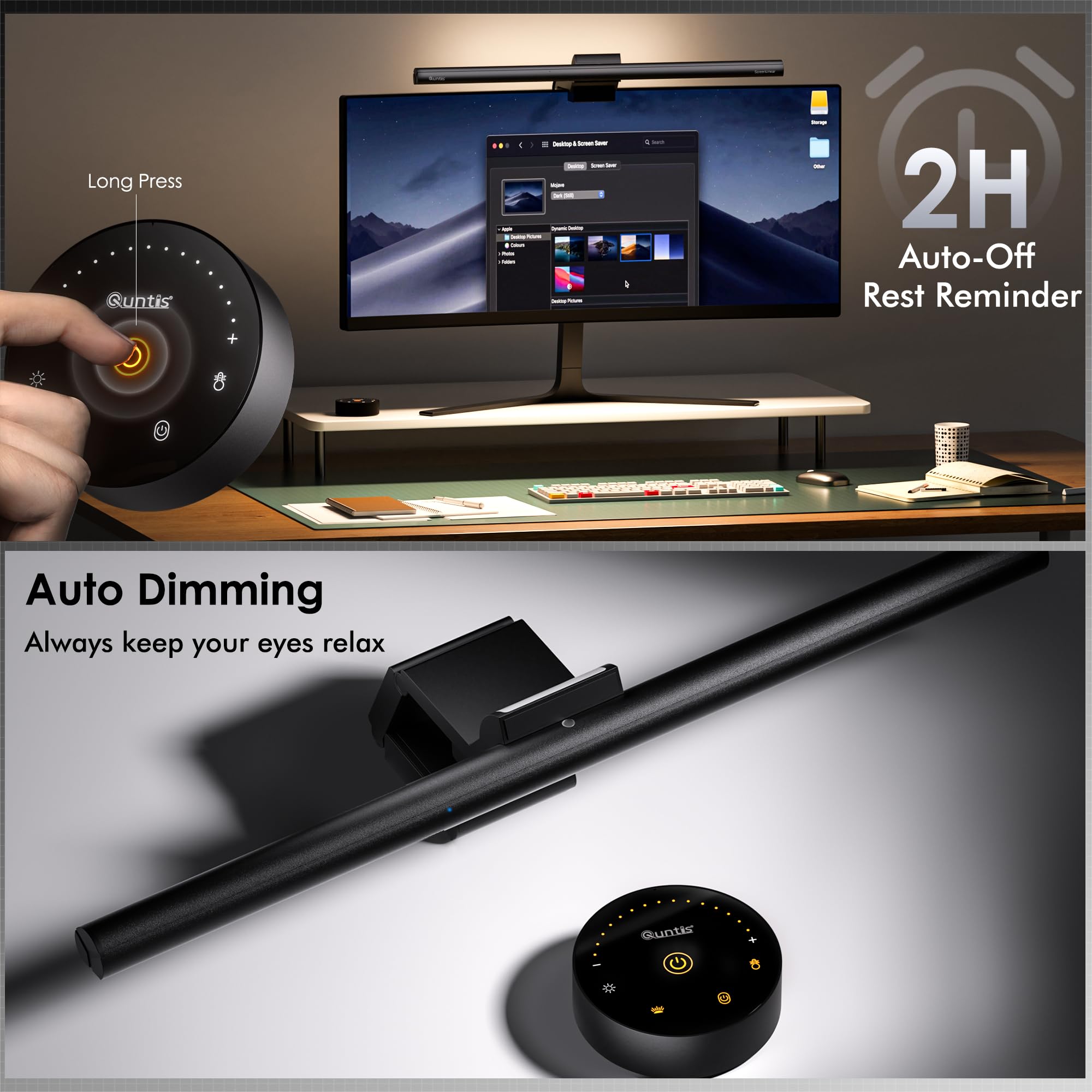 Quntis Monitor Lichtleiste mit Fernbedienung, 16,7'' Augenschutz Blendschutz Computer Lichtleiste mit Hintergrundbeleuchtung, automatischer Dimmung & Timer, stufenlos dimmende Monitorlampe für Schreibtisch Gaming Home Office gebogene Monitore (16,73 Zoll)