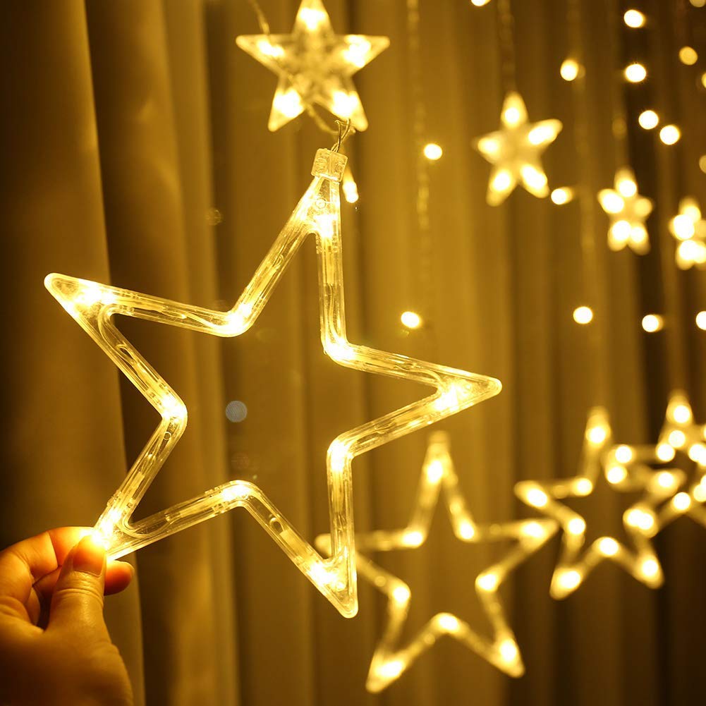 Quntis 138 LED 12-Estrelas Conectáveis 2m Cortina Luzes de Natal – 8 Modos de Piscar, Decoração de Natal em Branco Quente e Iluminação Festiva