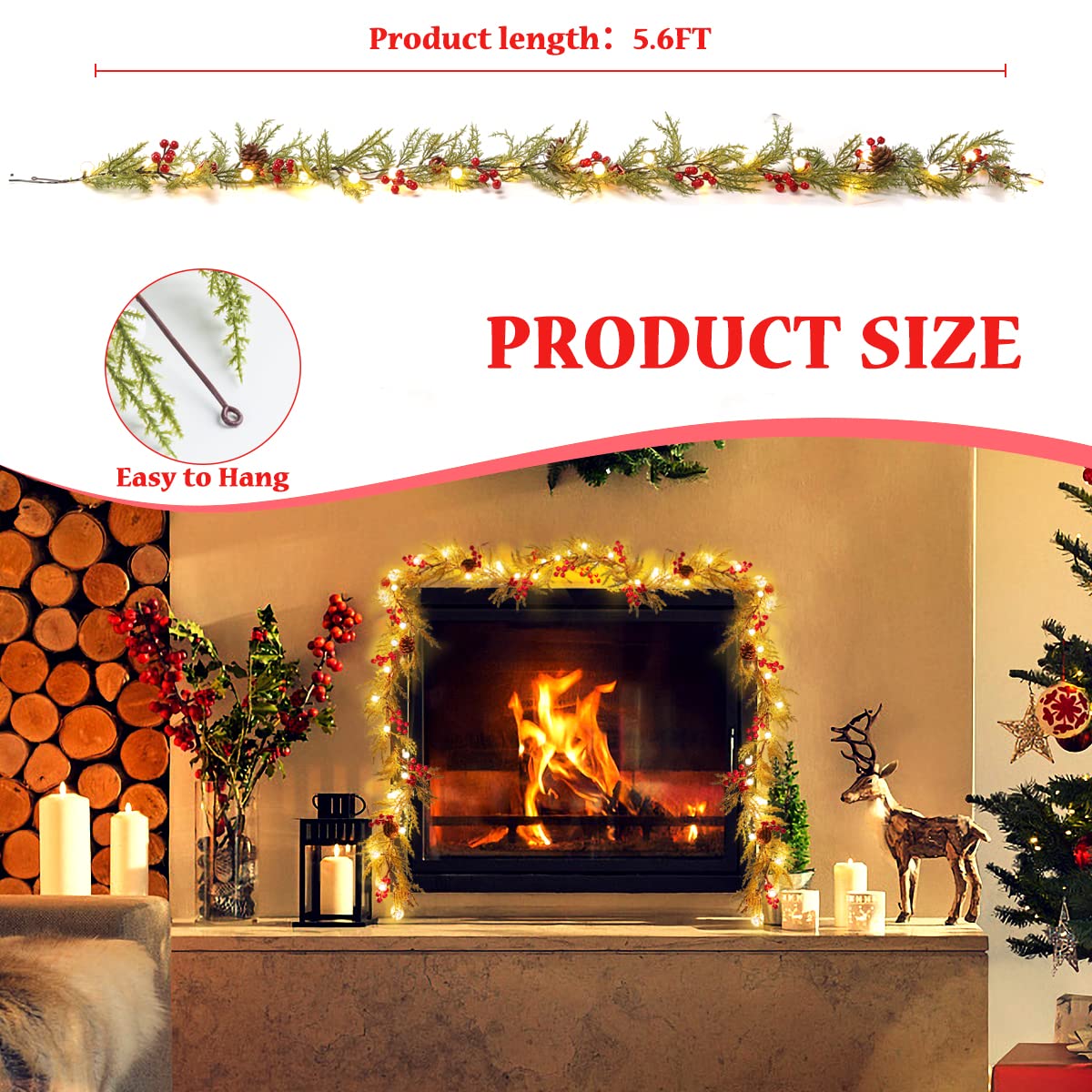 2 Paquet de Guirlande de Noël avec Lumières, 5,7FT 20 LED Guirlande Artificielle de Baies Rouges Décorations de Noël Pignes Cloches