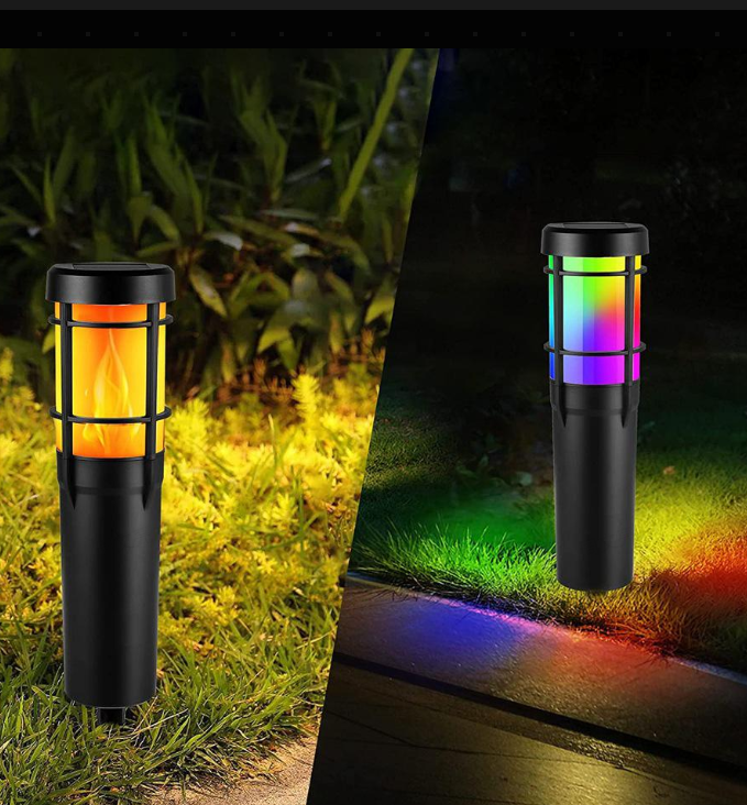 أضواء مسار شمسية خارجية، مع لهب متلألئ وتغيير لون RGB، أضواء شمسية LED خارجية للفناء، الحديقة، المسار، العشب - مقاومة للماء IP65