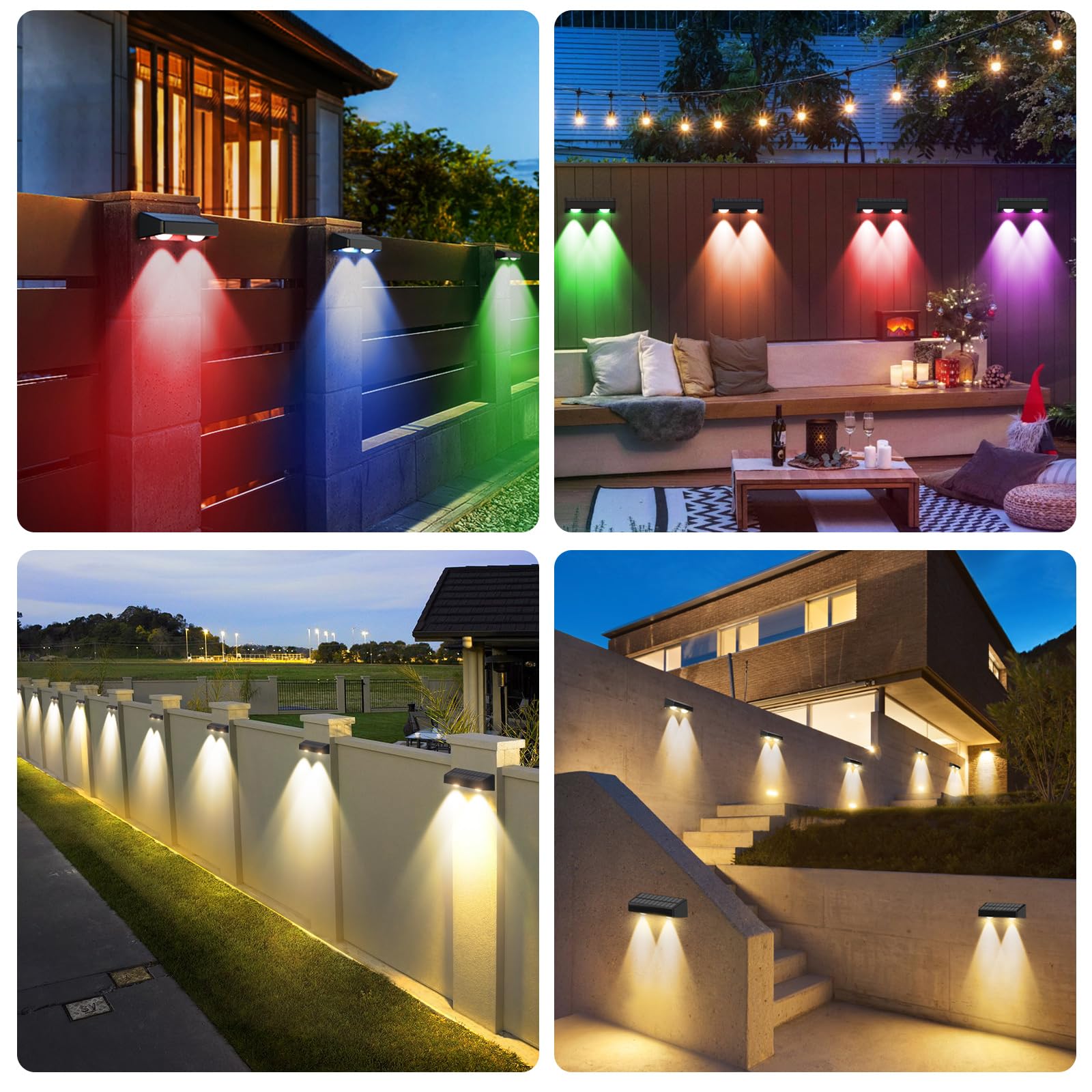 Quntis Solar Lights Outdoor 4-8Pack, RGBWW Solar Fence Lights with 11 Color Modes, IP65 Waterproof Solar Deck Lights, Auto On/Off Dusk to Dawn Solar Garden Lights for Wall Yard Patio Railing Decoration